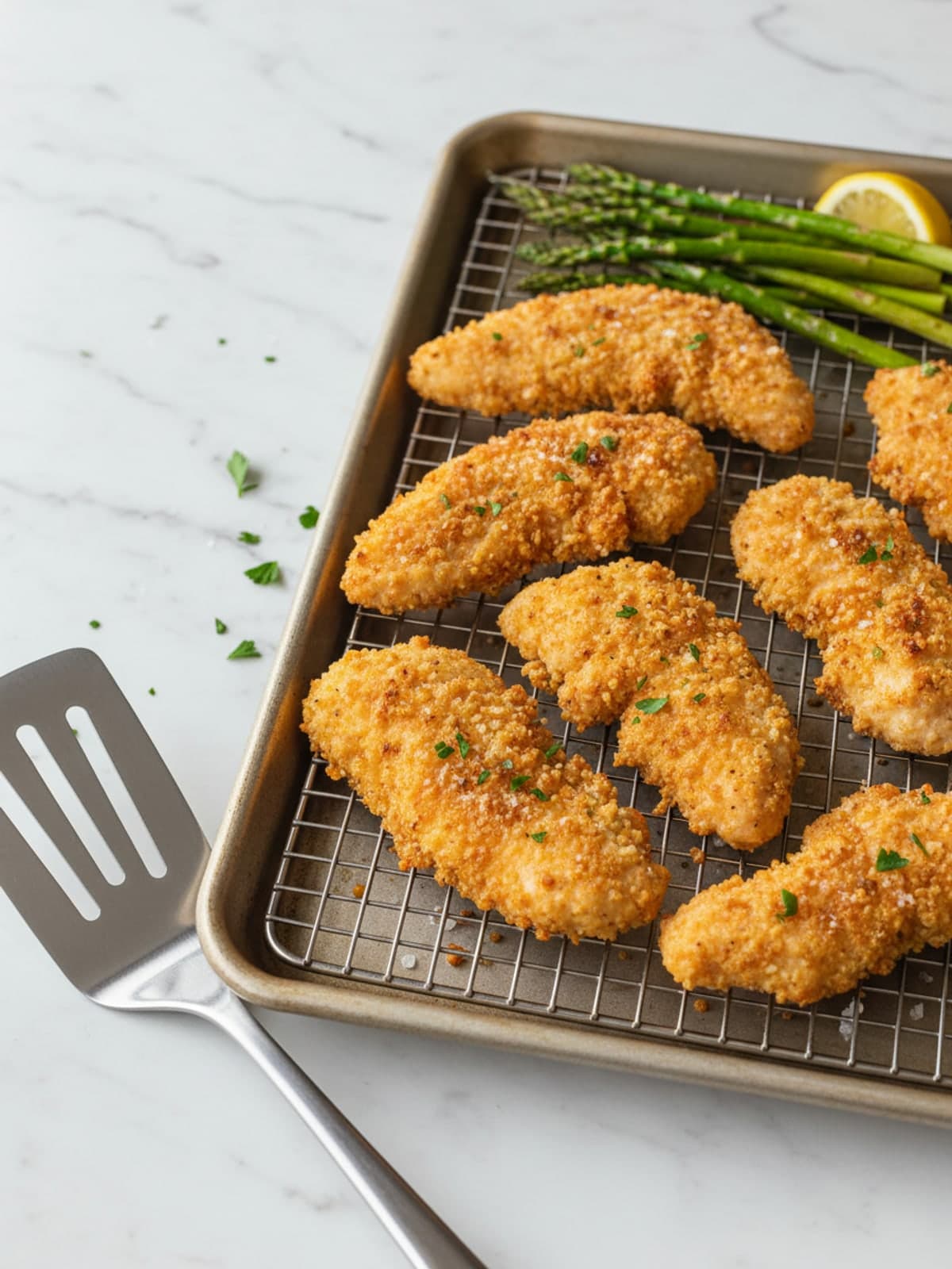 Baked Chicken Tenders with Crisp Panko: Heat the pan