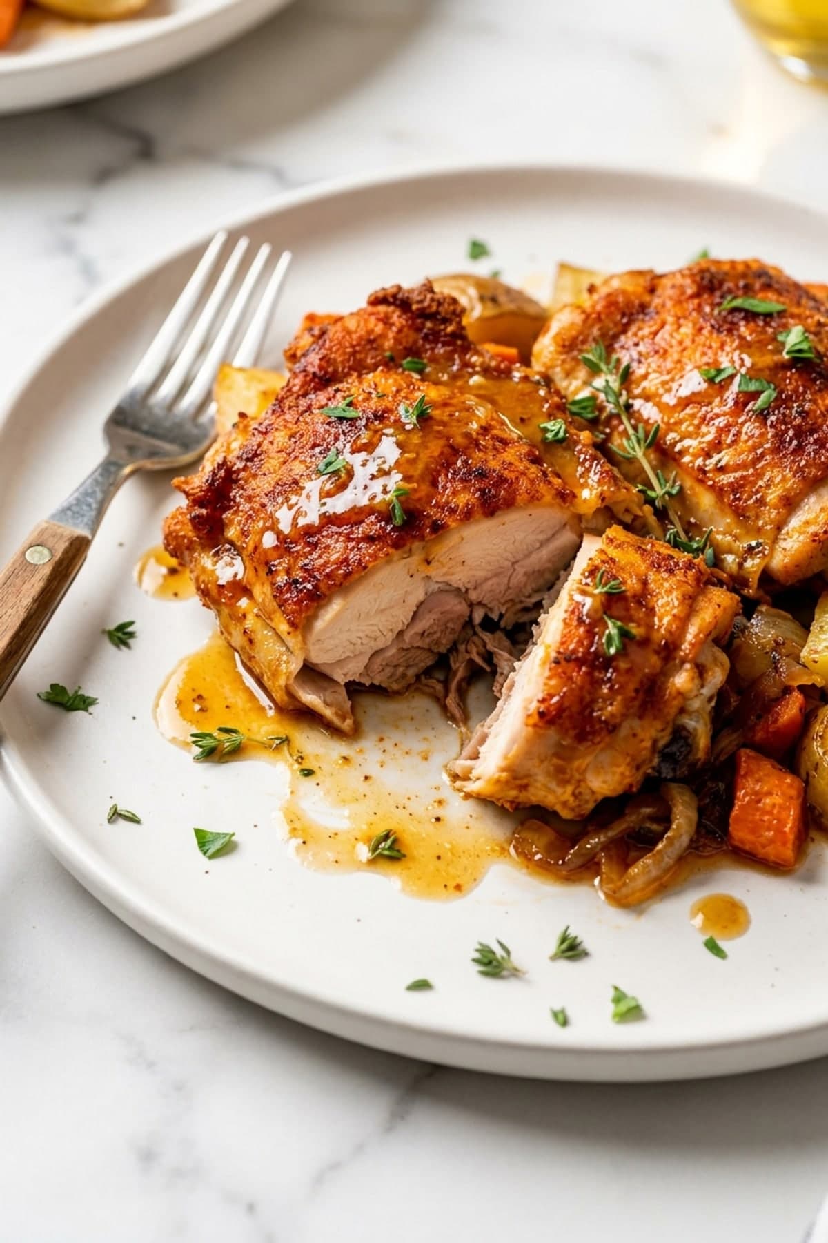 Crisp Paprika Baked Chicken Thighs ready to serve