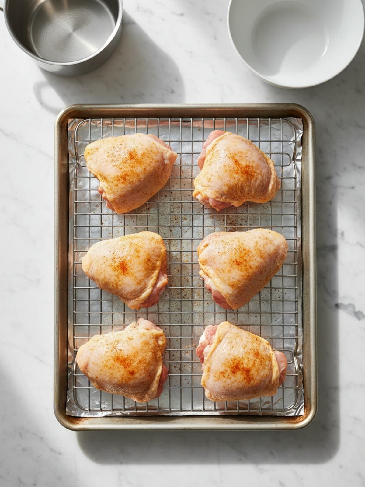 Crisp Paprika Baked Chicken Thighs: Dry and arrange the thighs