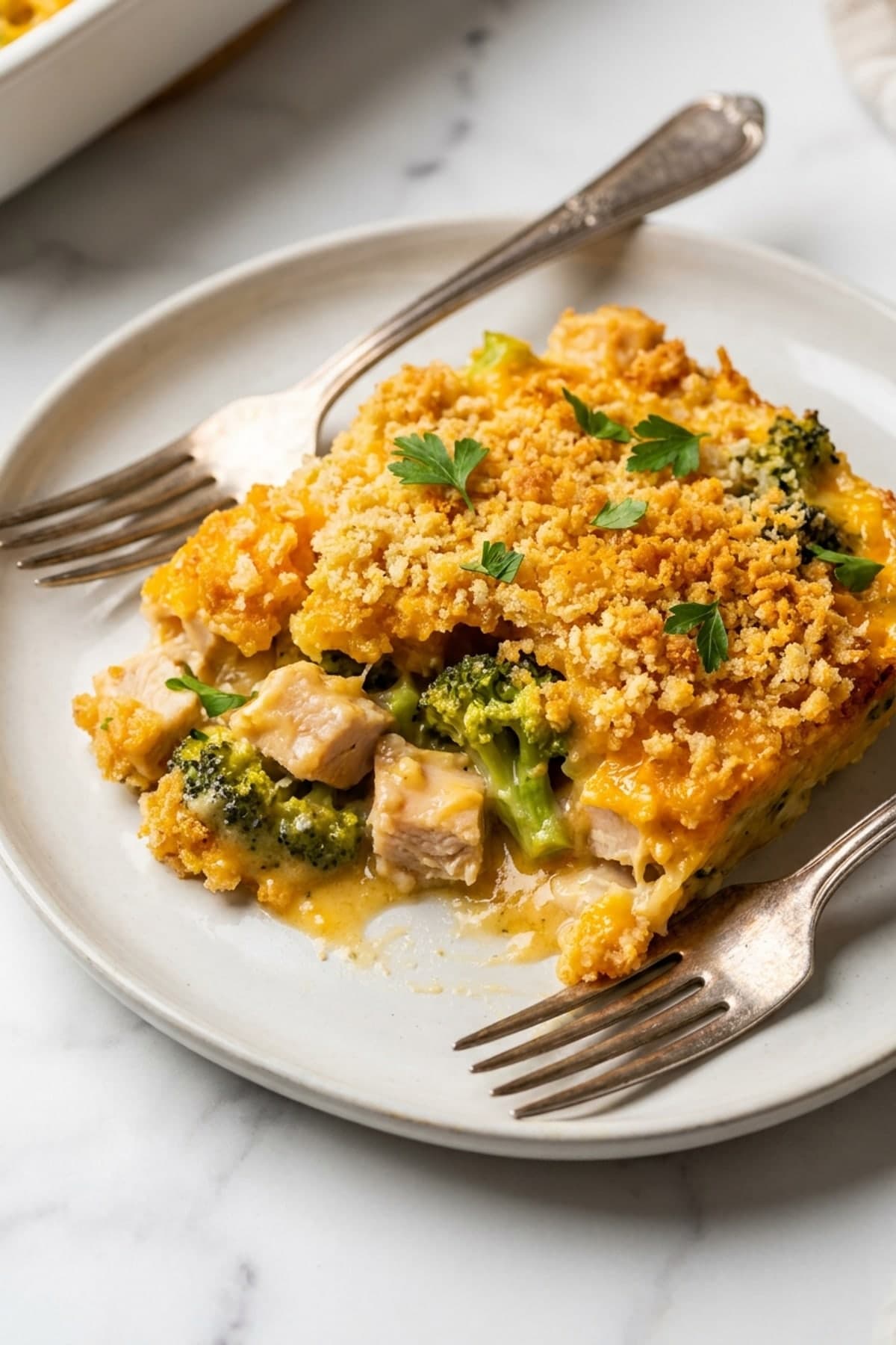 Chicken Broccoli Casserole with Cheddar Crumbs ready to serve