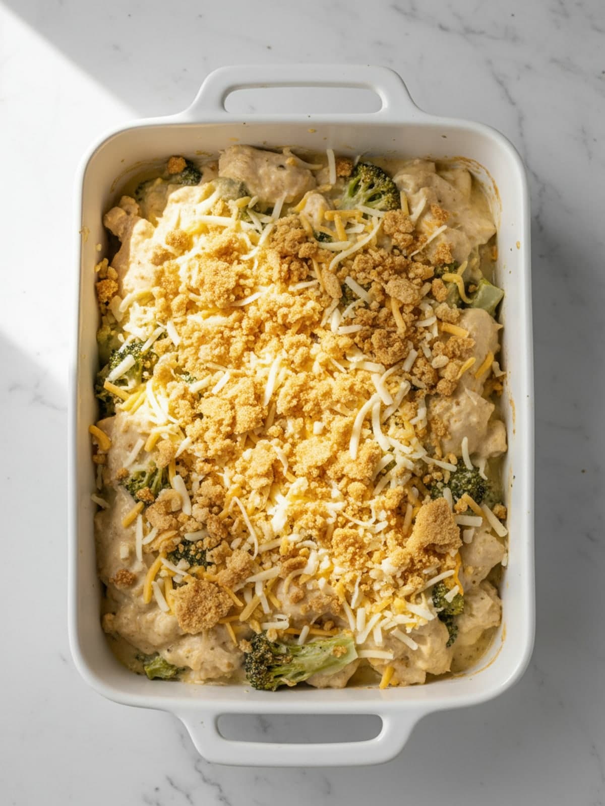 Chicken Broccoli Casserole with Cheddar Crumbs: Fold and top the casserole