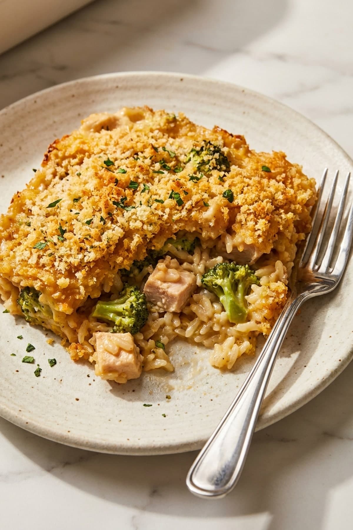 Chicken Broccoli Rice Casserole with Crisp Topping ready to serve