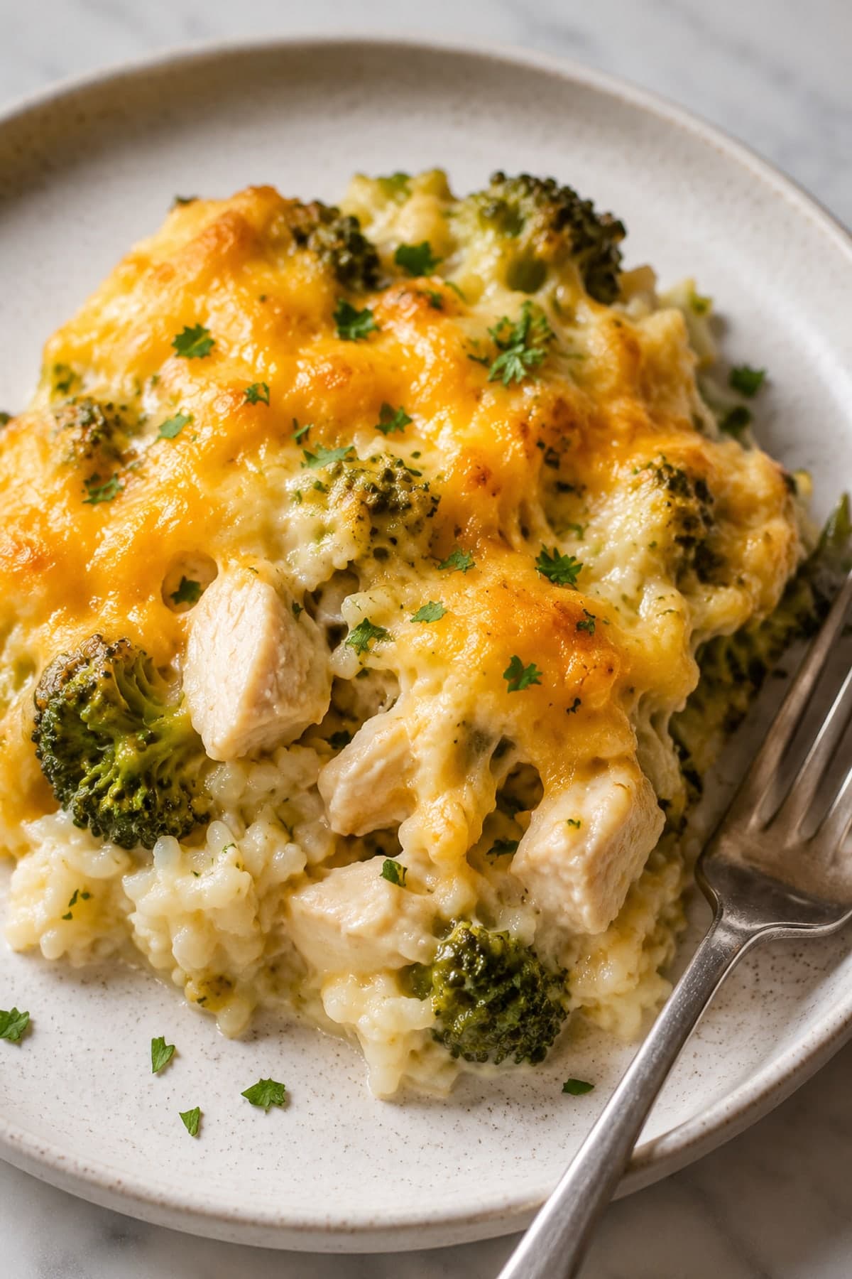 Chicken Broccoli Rice Cheese Casserole ready to serve