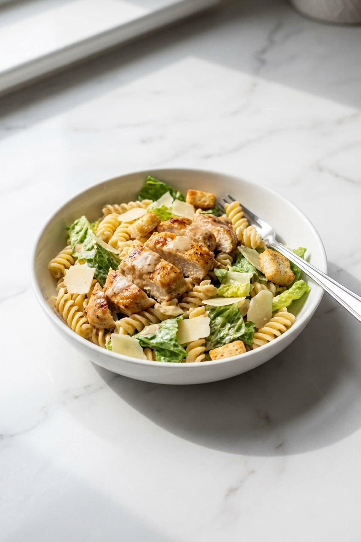 Chicken Caesar Pasta Salad ready to serve
