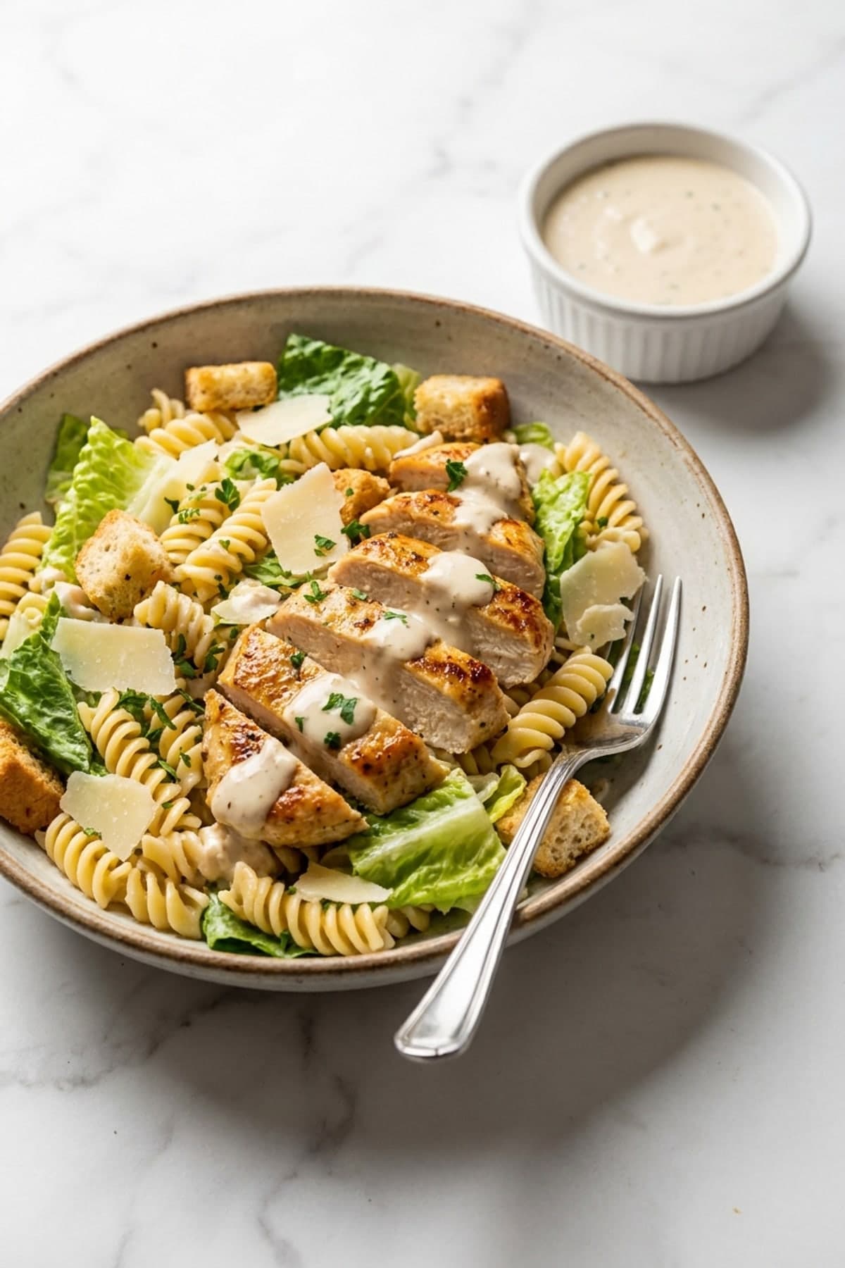 Chicken Caesar Pasta Salad with Crunchy Croutons