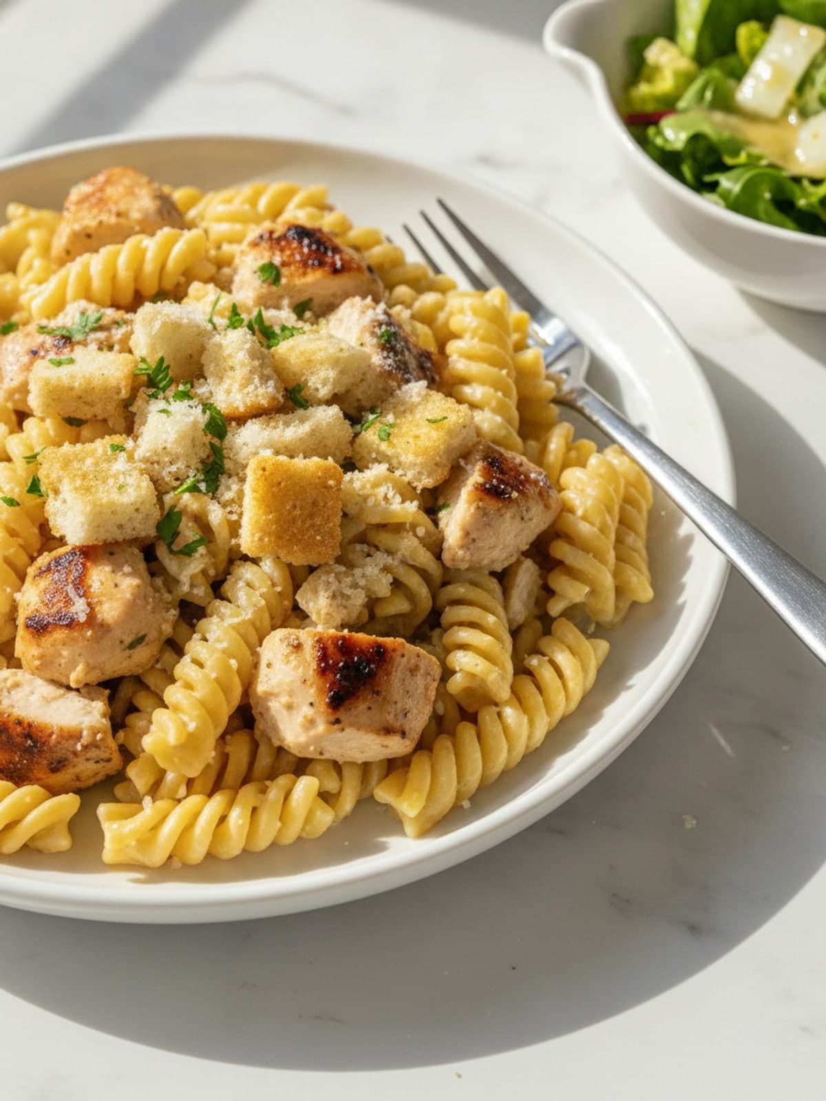 Chicken Caesar Pasta Salad: Boil the pasta