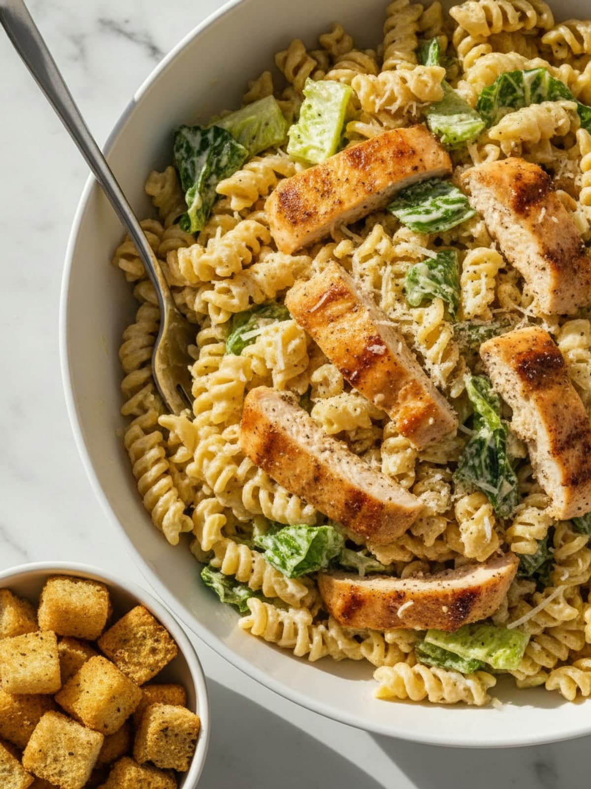 Chicken Caesar Pasta Salad: Dress it while warm
