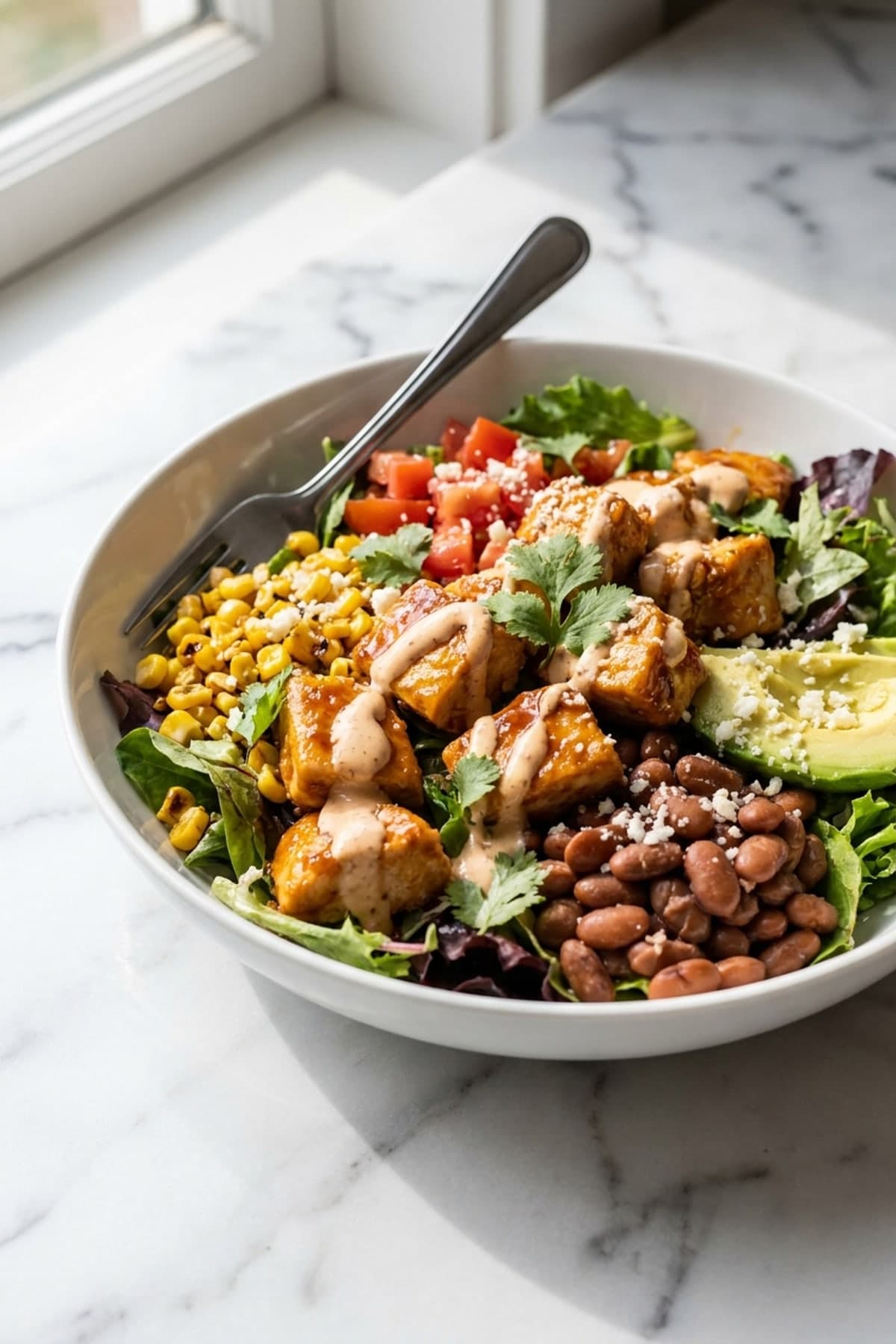 Chicken Taco Salad with Warm Beans and Lime Dressing