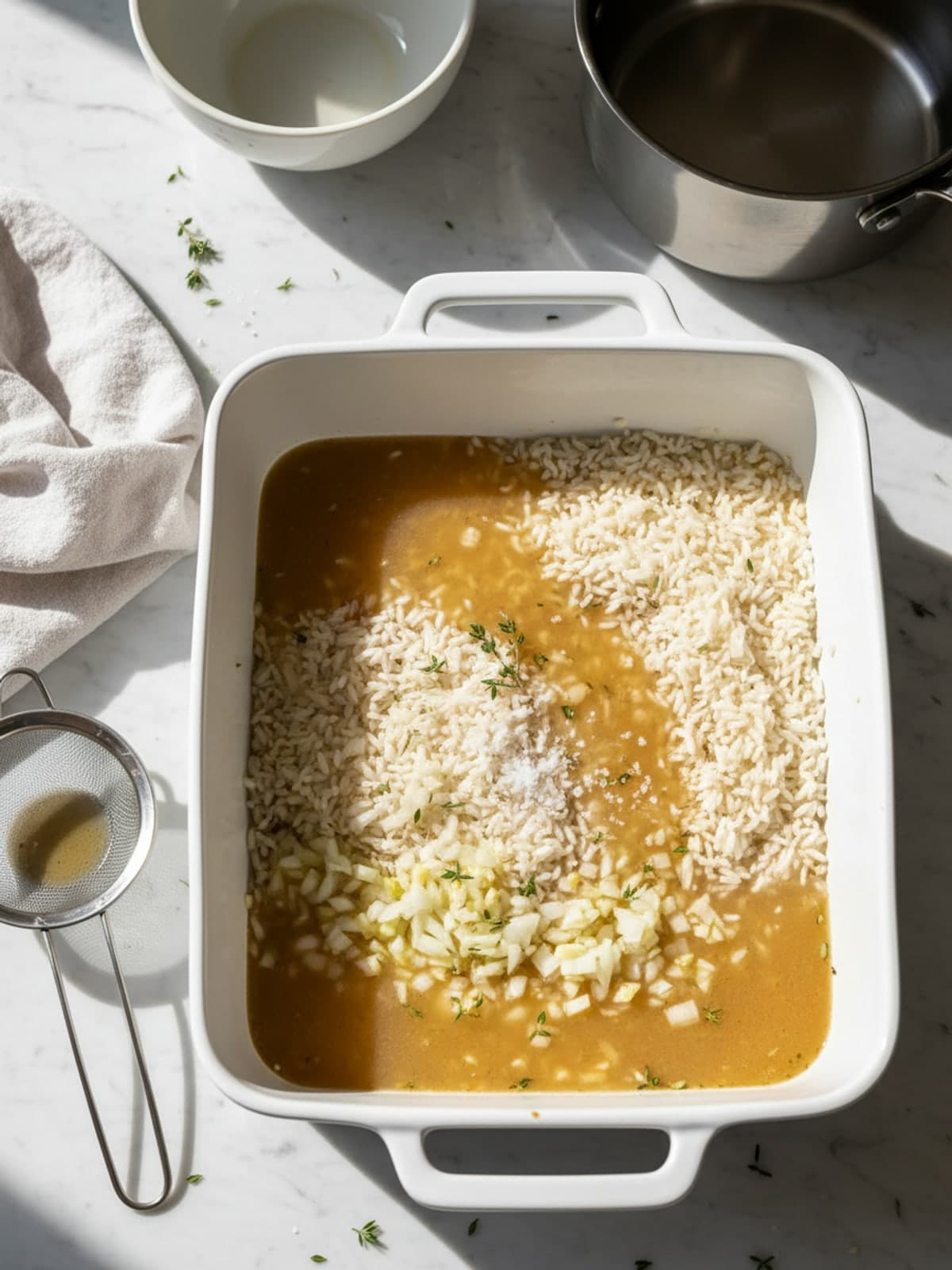 One-Pan Chicken Rice Casserole: Rinse and level the rice