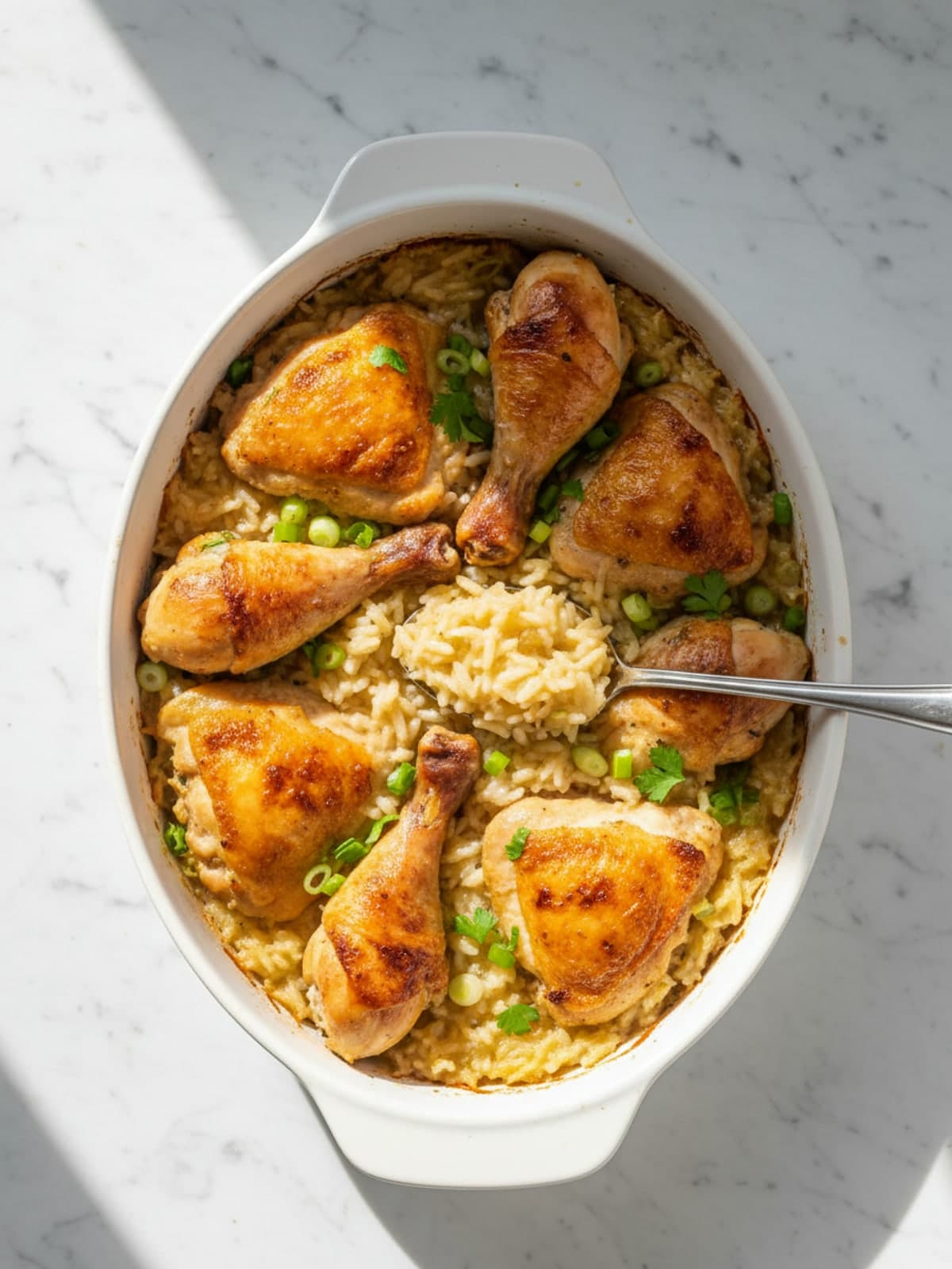 One-Pan Chicken Rice Casserole: Bake covered, then uncover