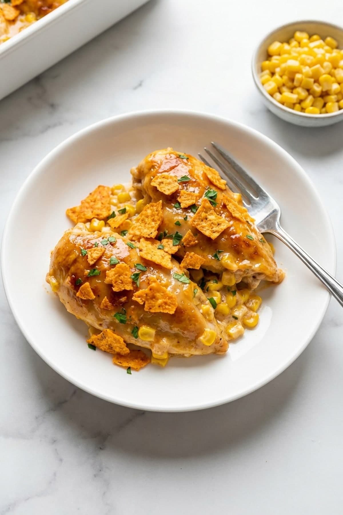 Dorito Chicken Casserole with Corn and Creamy Sauce ready to serve