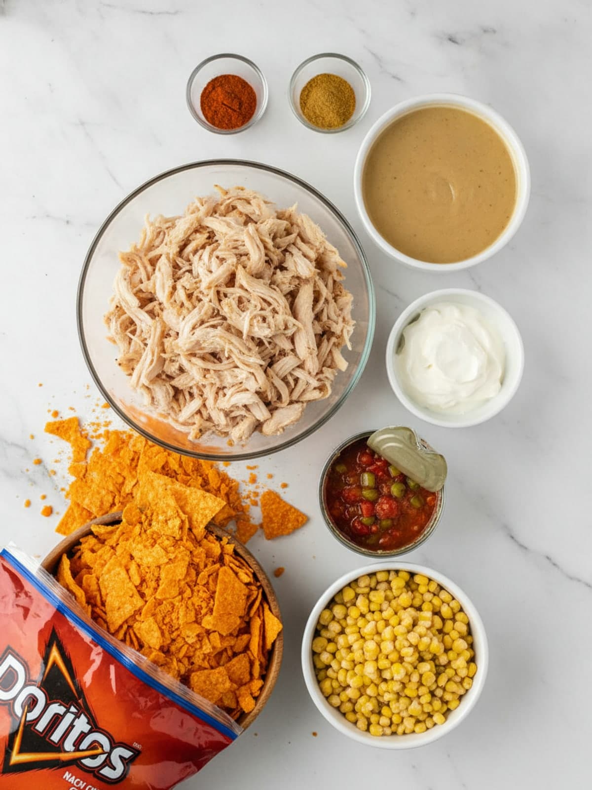 Ingredients for Dorito Chicken Casserole with Corn and Creamy Sauce