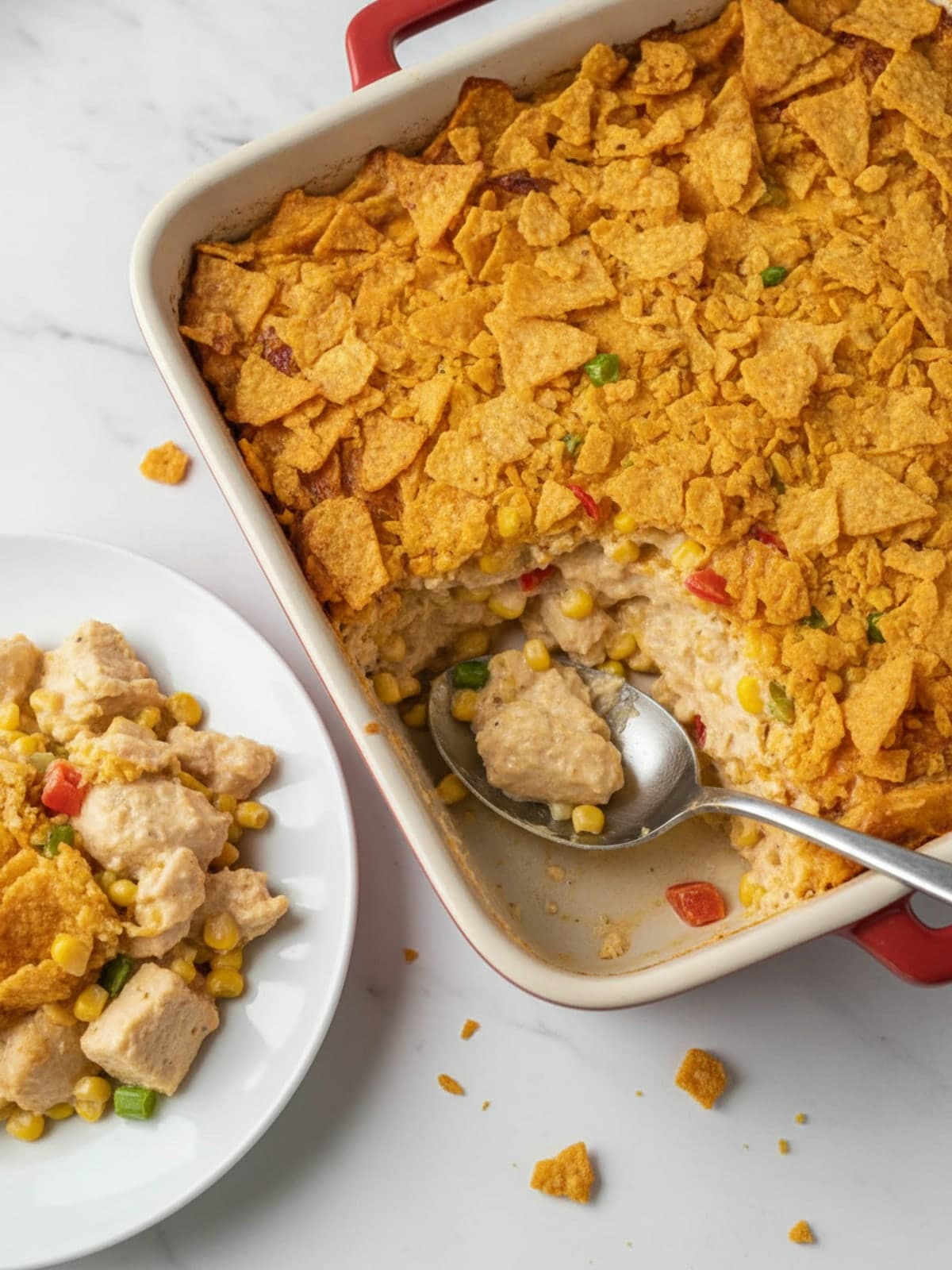 Dorito Chicken Casserole with Corn and Creamy Sauce: Heat the oven