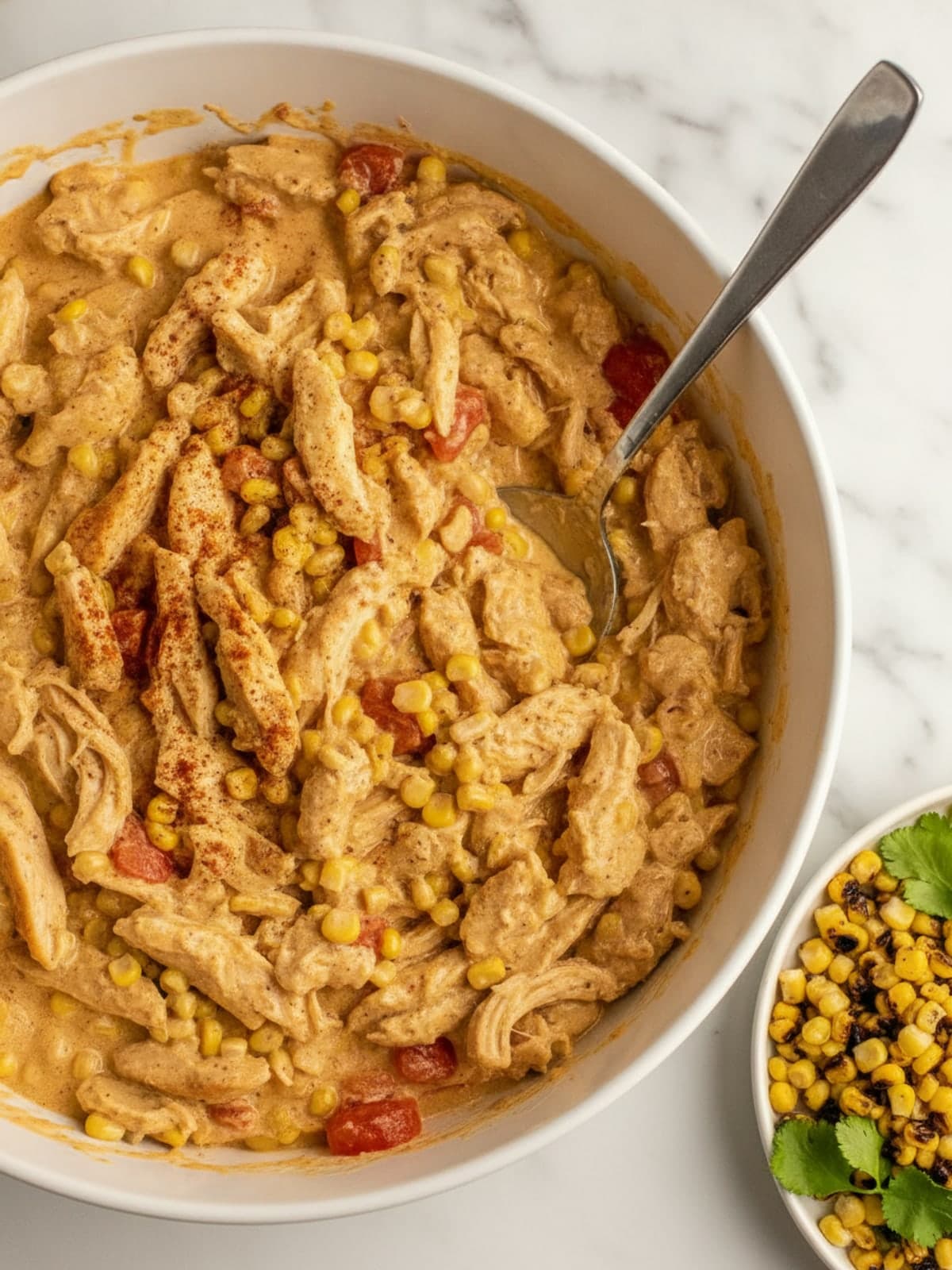 Dorito Chicken Casserole with Corn and Creamy Sauce: Mix the filling