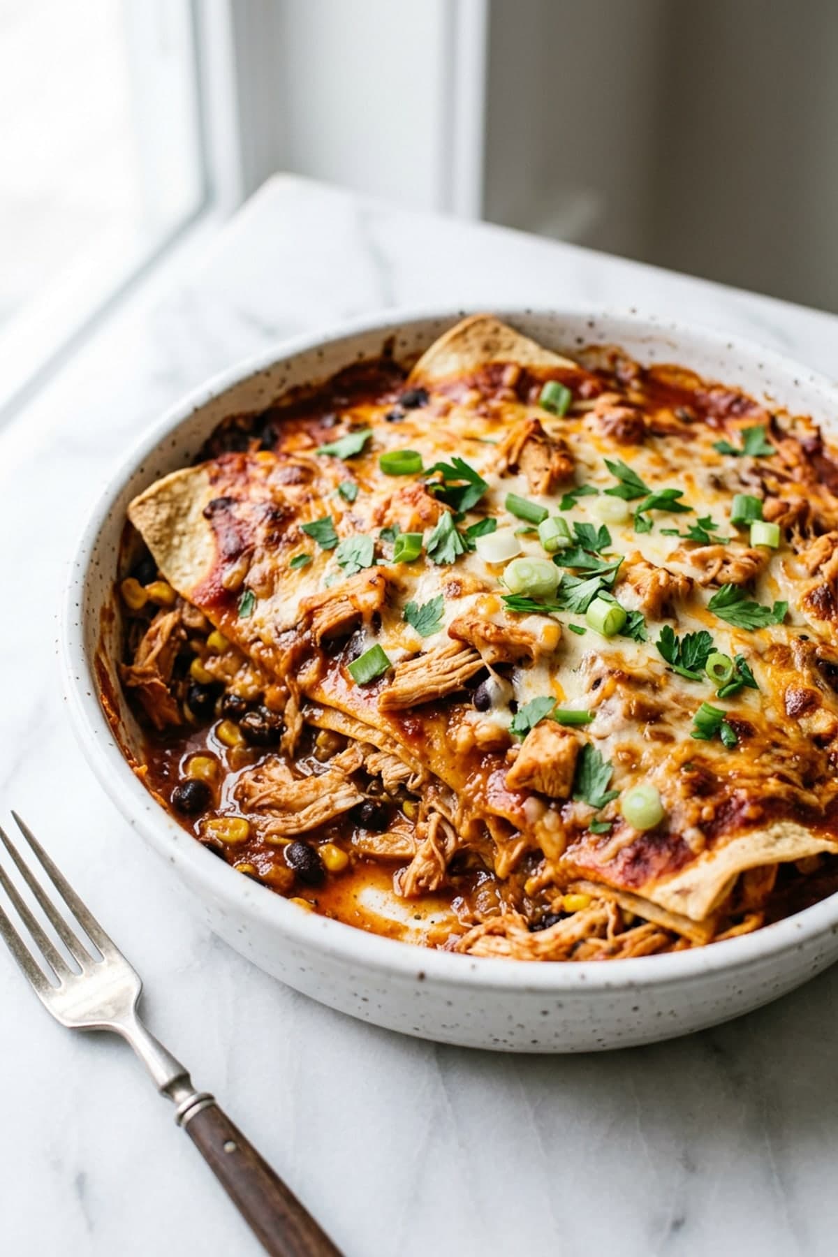 Chicken Enchilada Casserole with Layered Tortillas