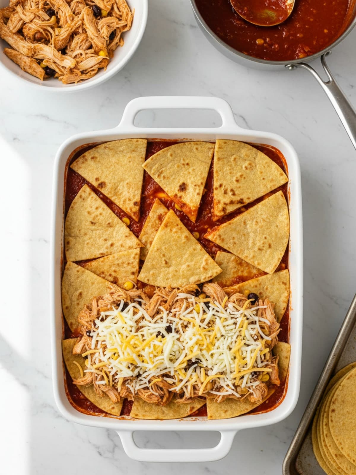 Layered Chicken Enchilada Casserole: Build three even layers