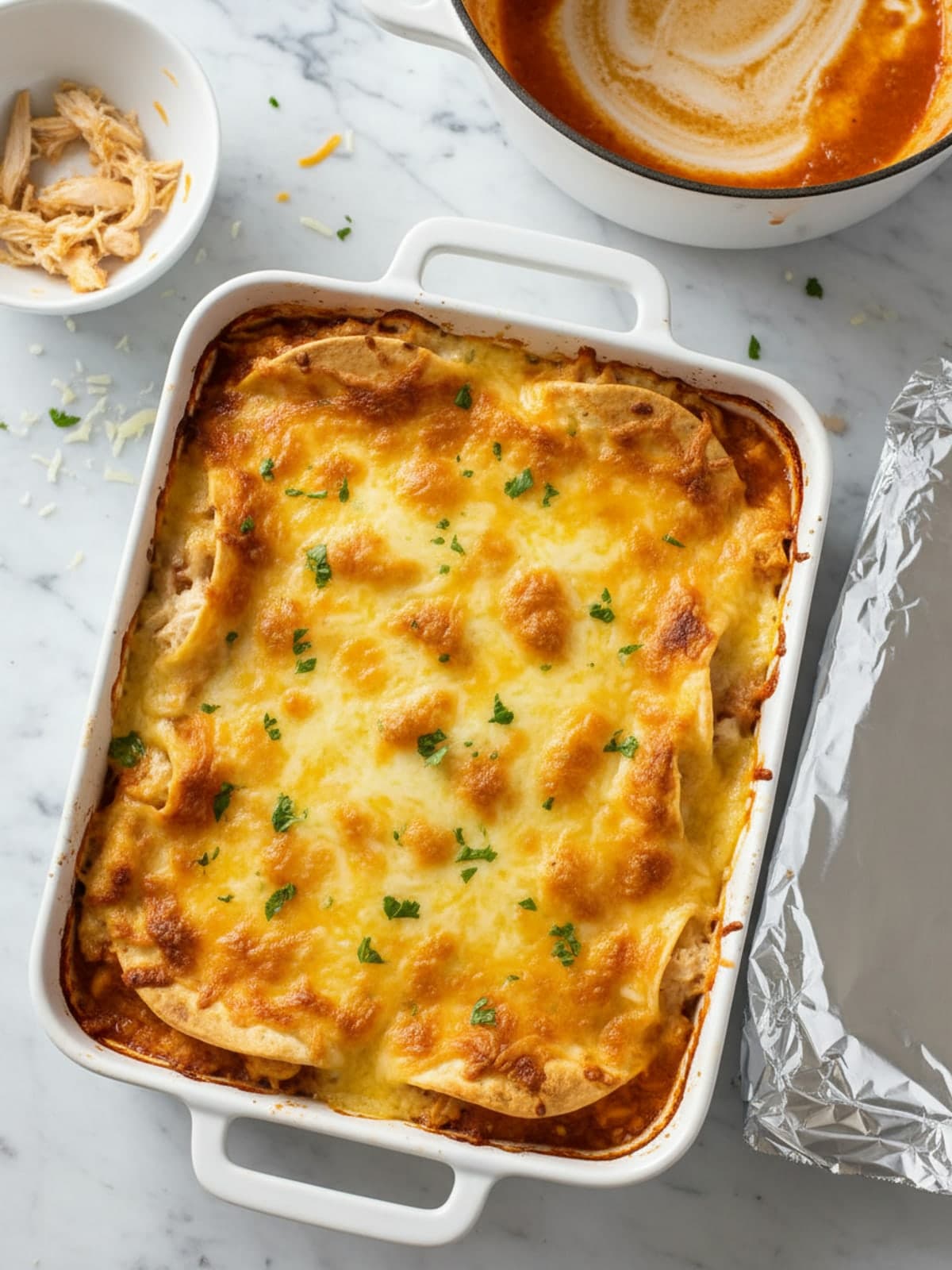 Layered Chicken Enchilada Casserole: Sauce, cover, and bake
