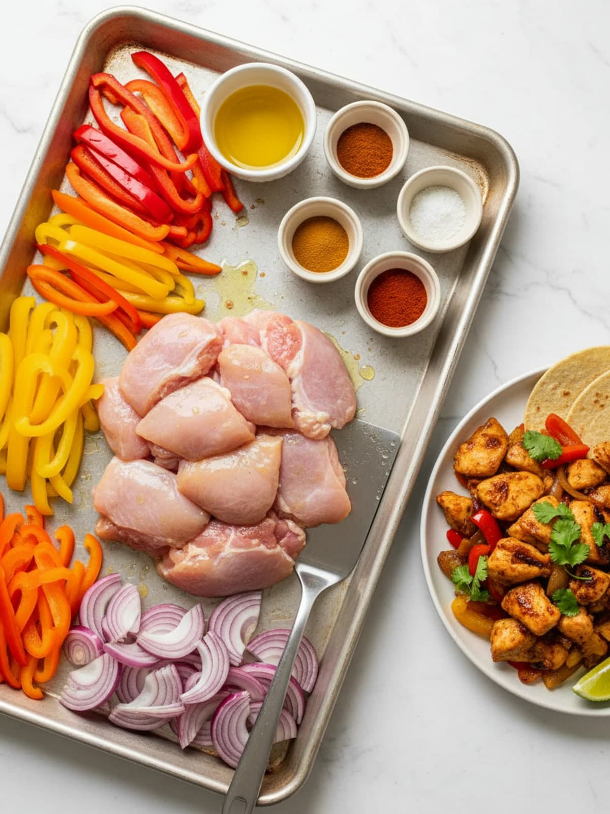 Ingredients for Gluten Free Chicken Fajitas on a Sheet Pan