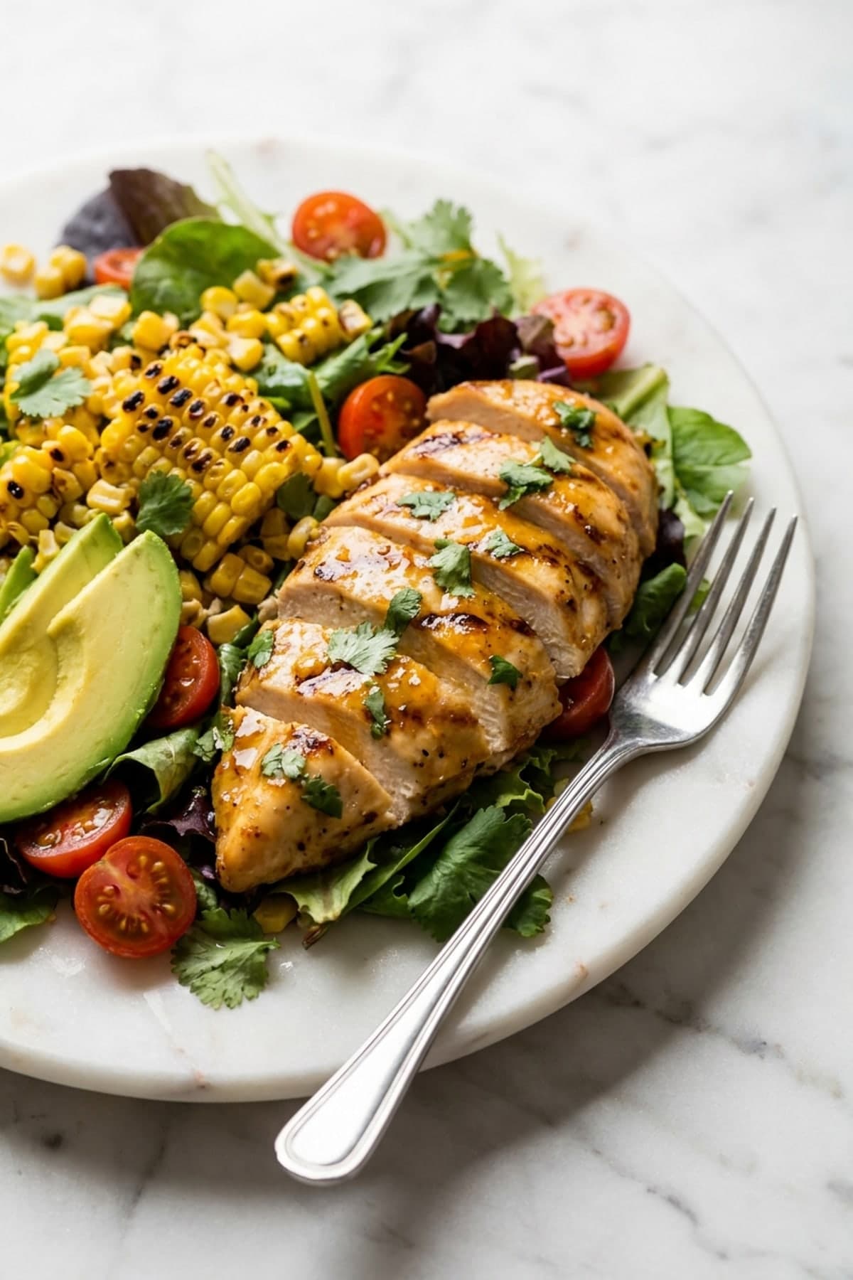 Grilled Chicken Salad with Corn and Avocado ready to serve
