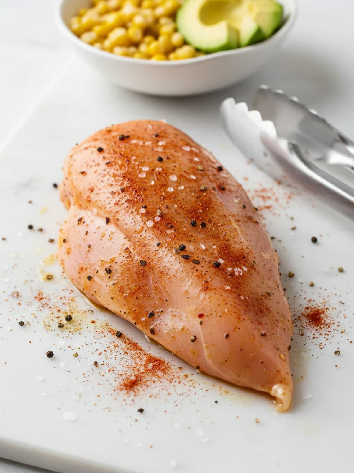 Grilled Chicken Salad with Corn and Avocado: Season the chicken