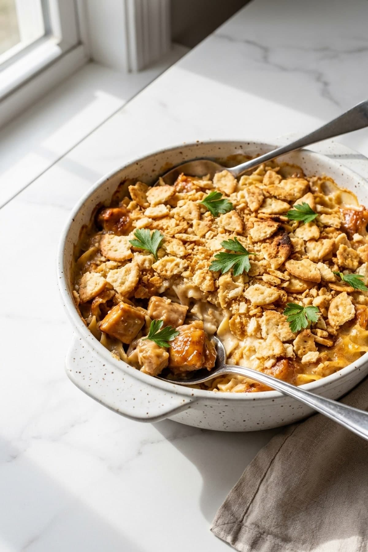 Chicken Noodle Casserole with a Crisp Cracker Top