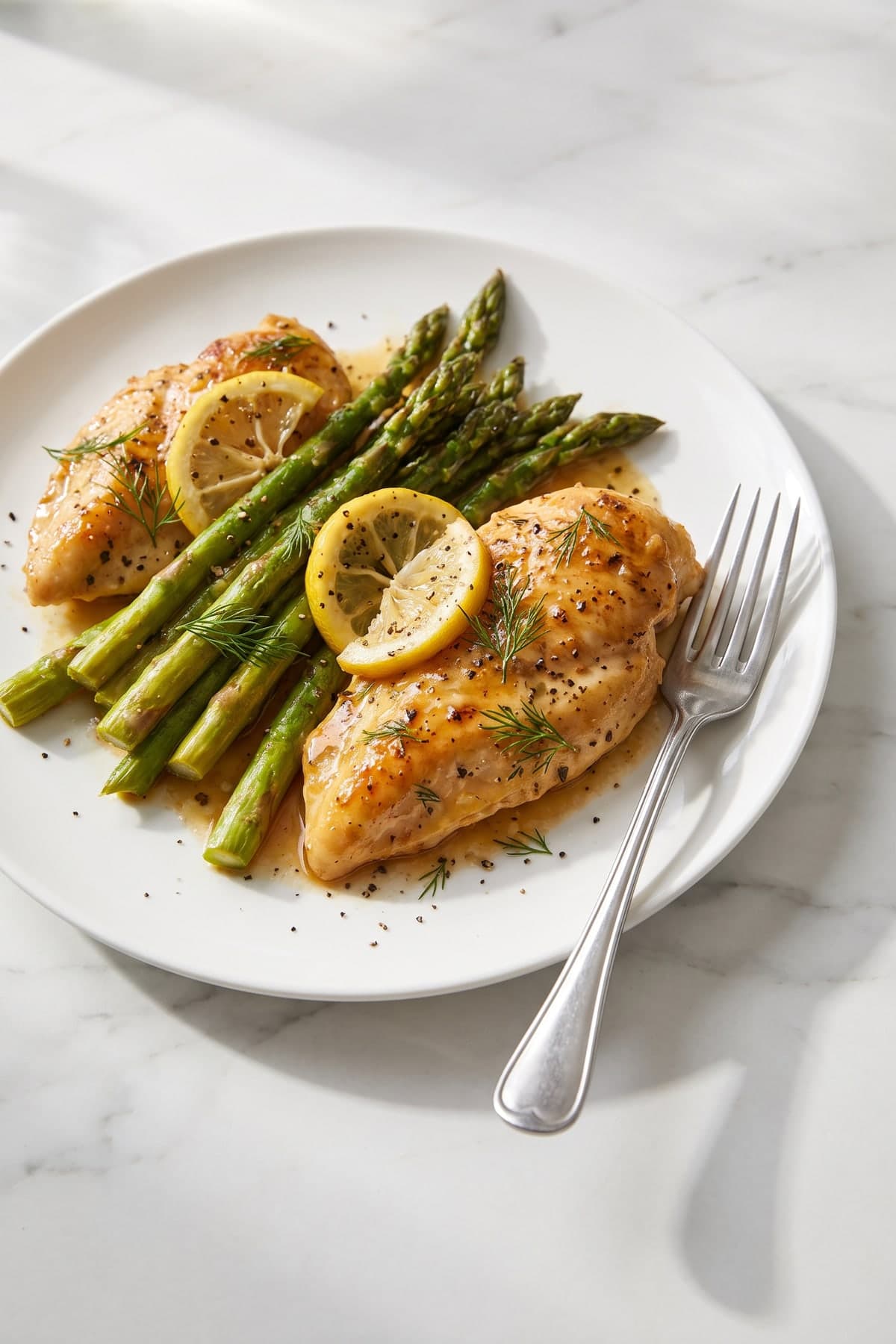 One Pan Lemon Chicken and Asparagus ready to serve