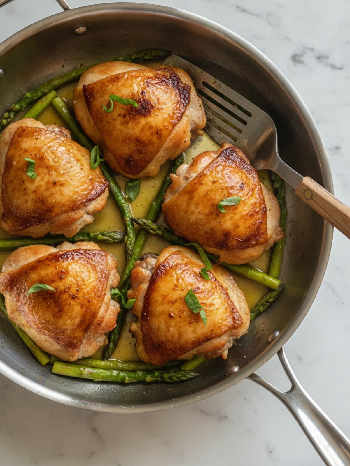 One Pan Lemon Chicken and Asparagus: Sear the thighs