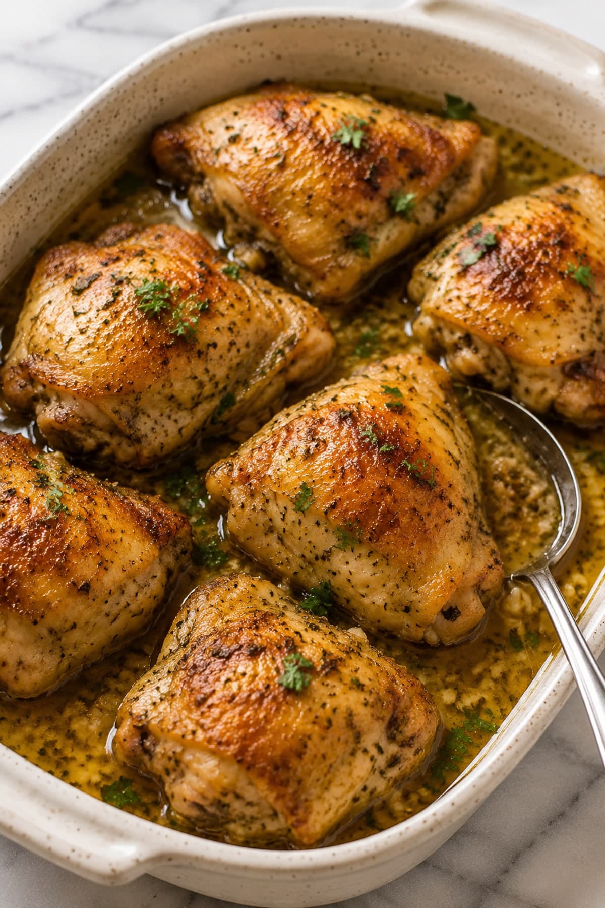 Oven Baked Chicken with Garlic-Herb Pan Juices
