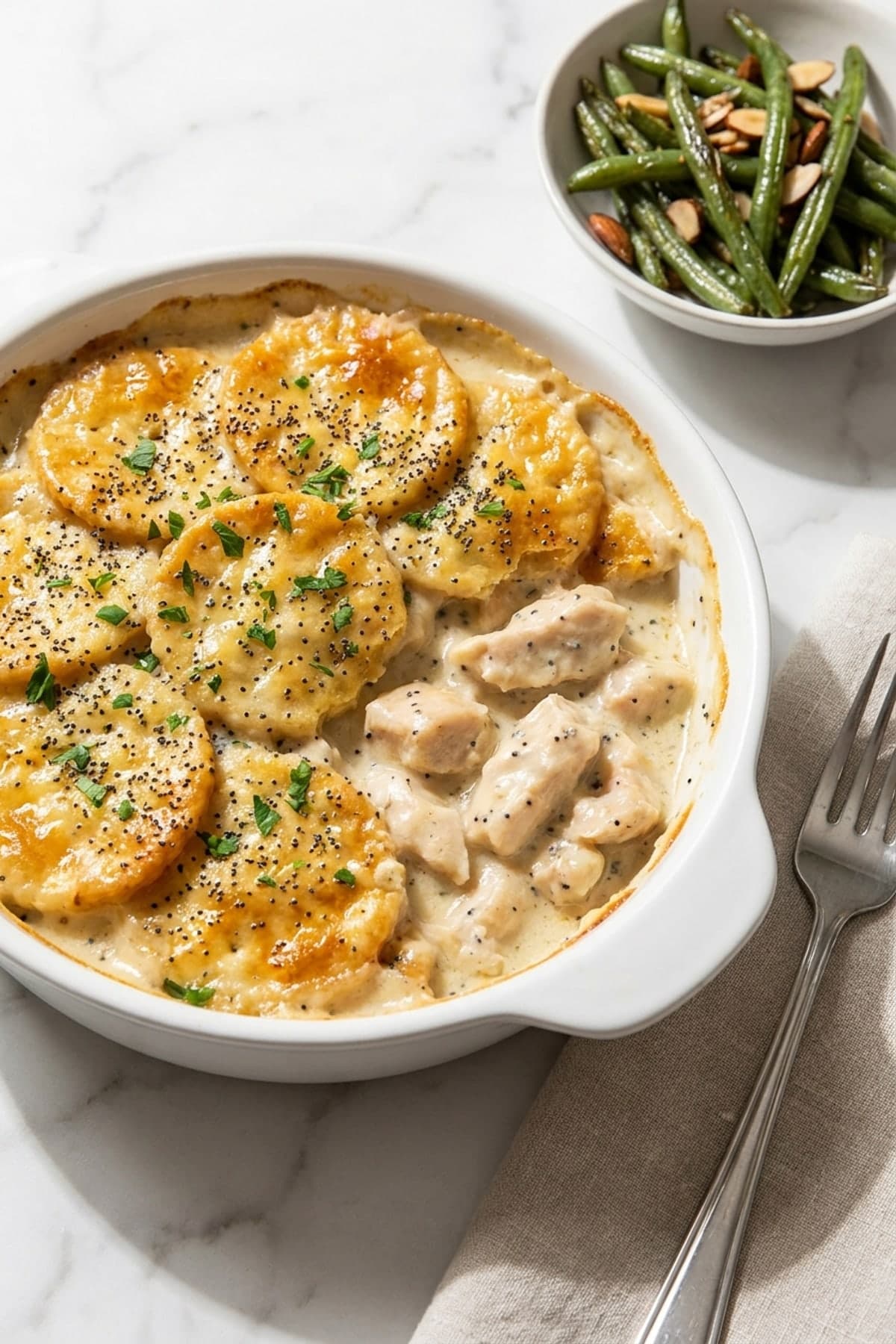 Poppyseed Chicken Casserole ready to serve