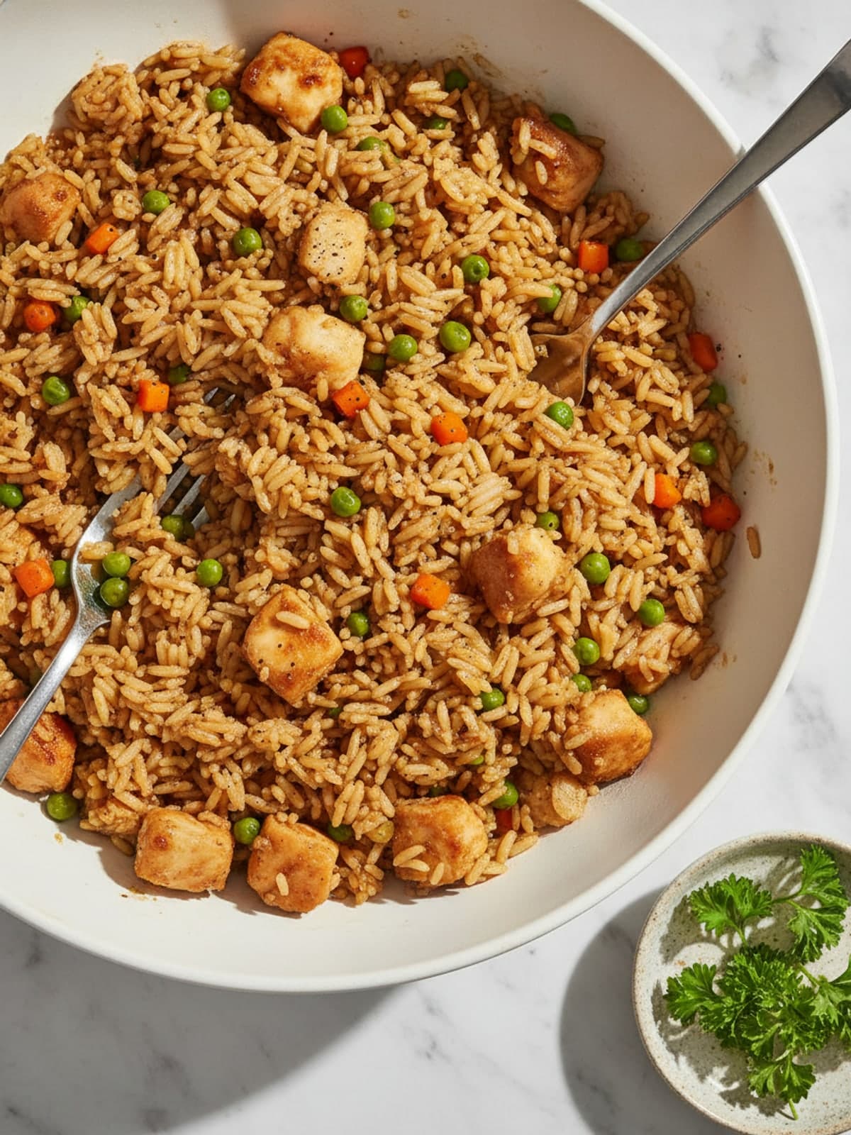 Sheet Pan Chicken Fried Rice: Mix the rice