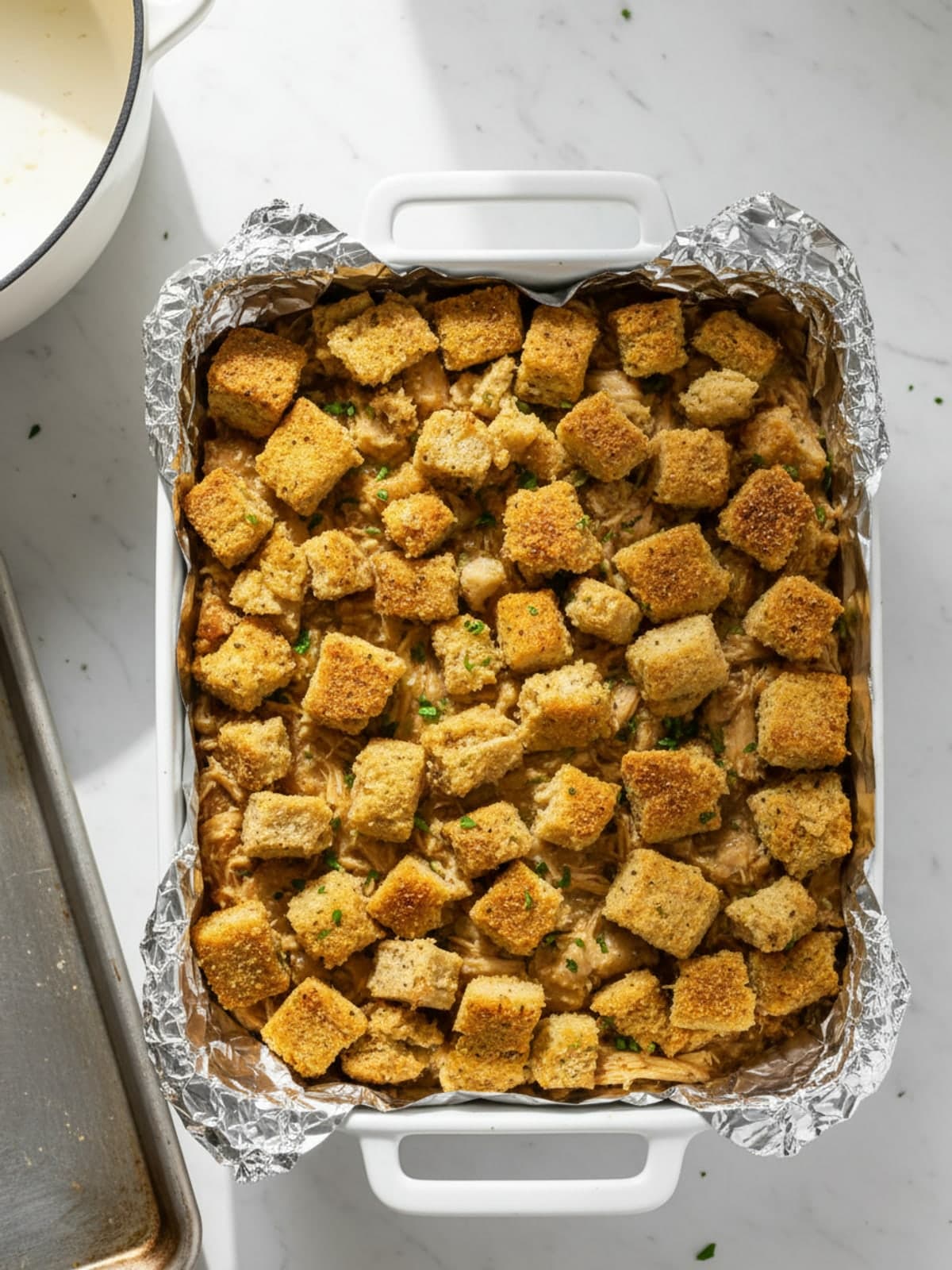 Chicken Stuffing Casserole for Make-Ahead Dinners: Cover without compressing