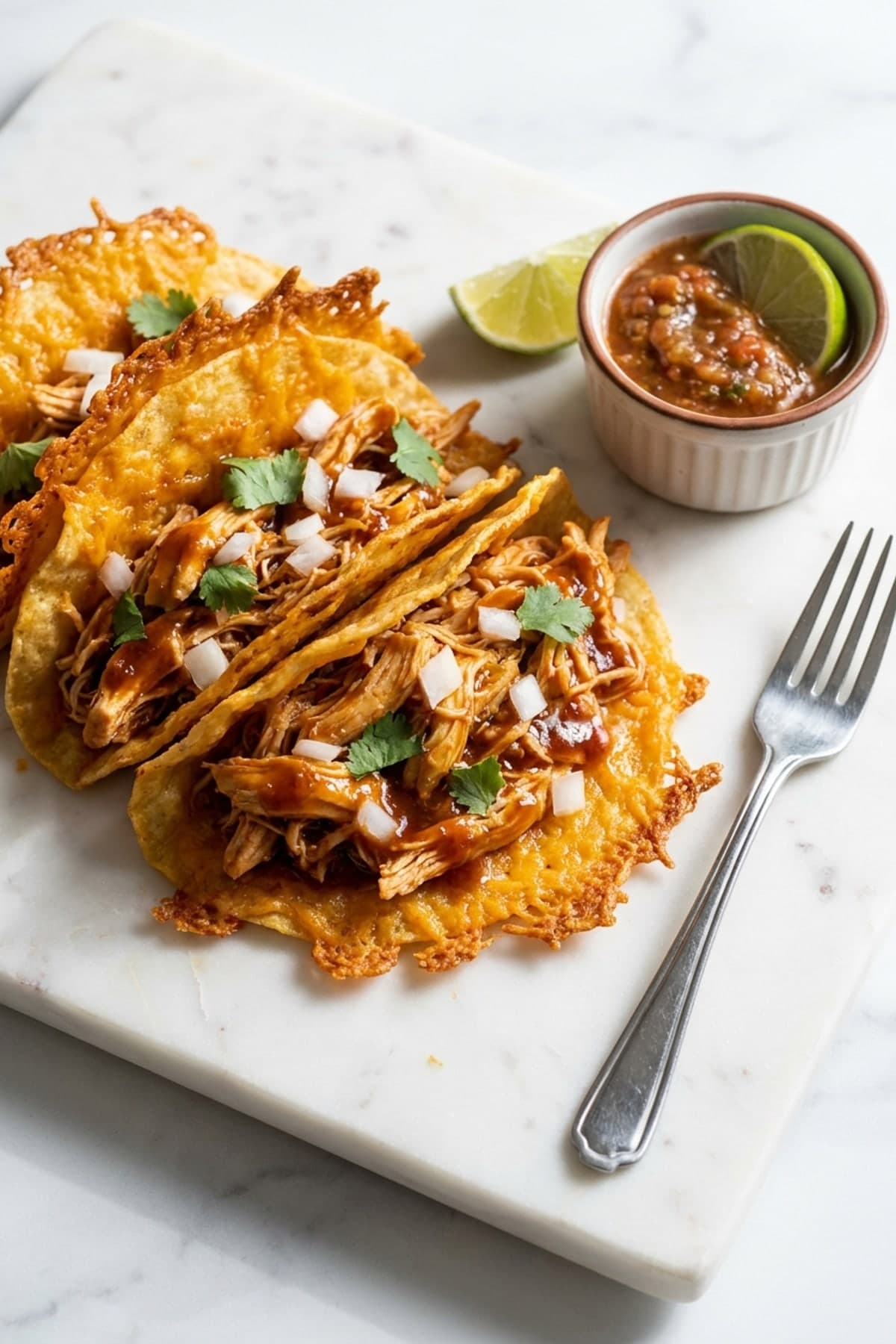 Baked Chicken Tacos with Crisp Cheese Edges ready to serve