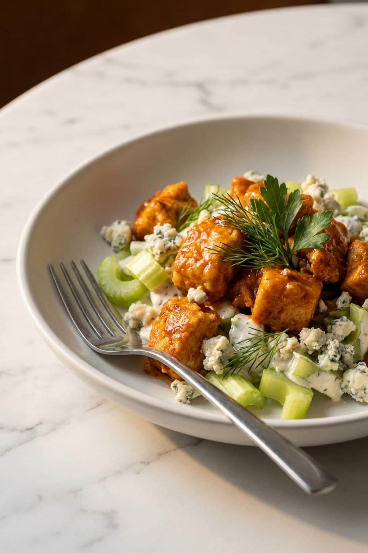 Buffalo Chicken Salad with Celery and Blue Cheese ready to serve