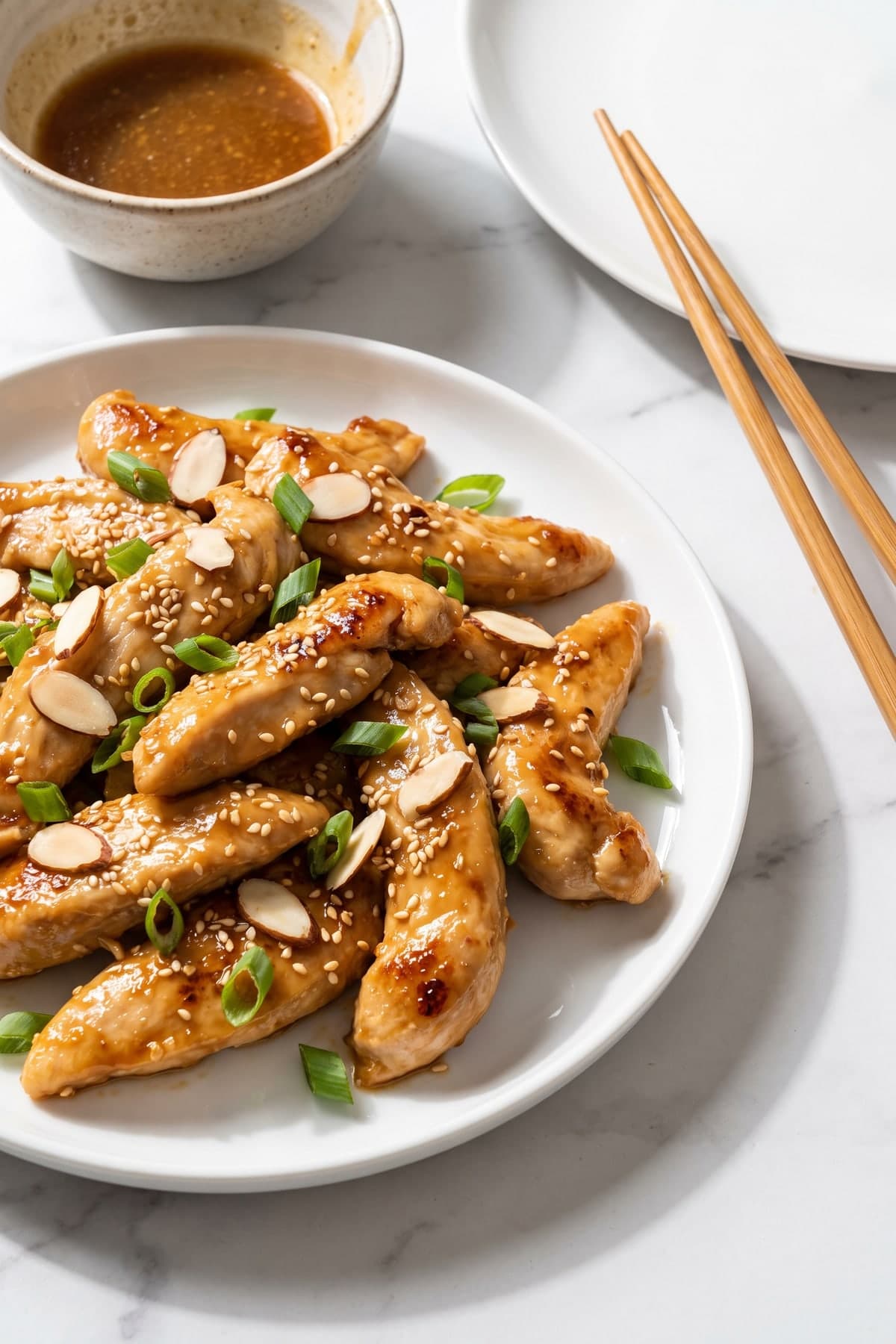 Chinese Chicken Salad with Sesame and Almonds ready to serve