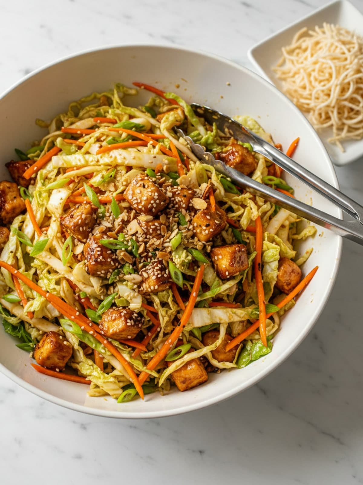 Chinese Chicken Salad with Sesame and Almonds: Slice the vegetables