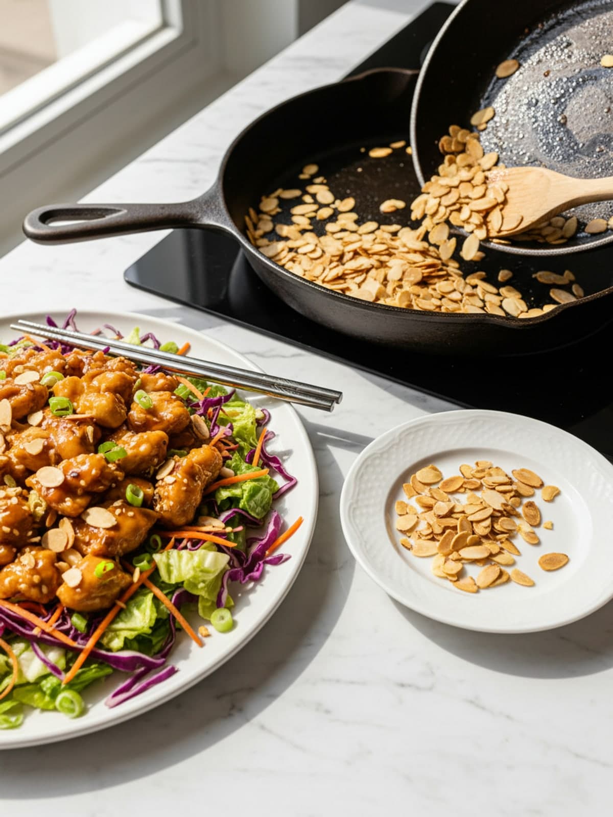 Chinese Chicken Salad with Crunchy Cabbage: Toast the almonds