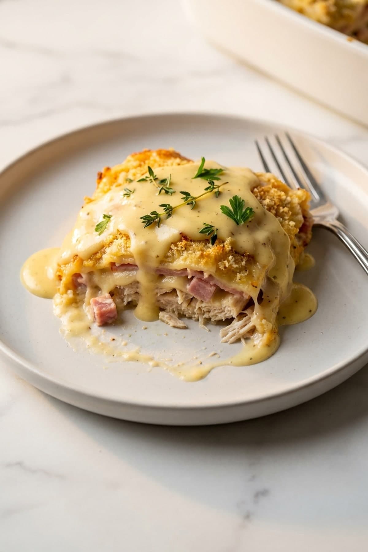 Chicken Cordon Bleu Casserole ready to serve