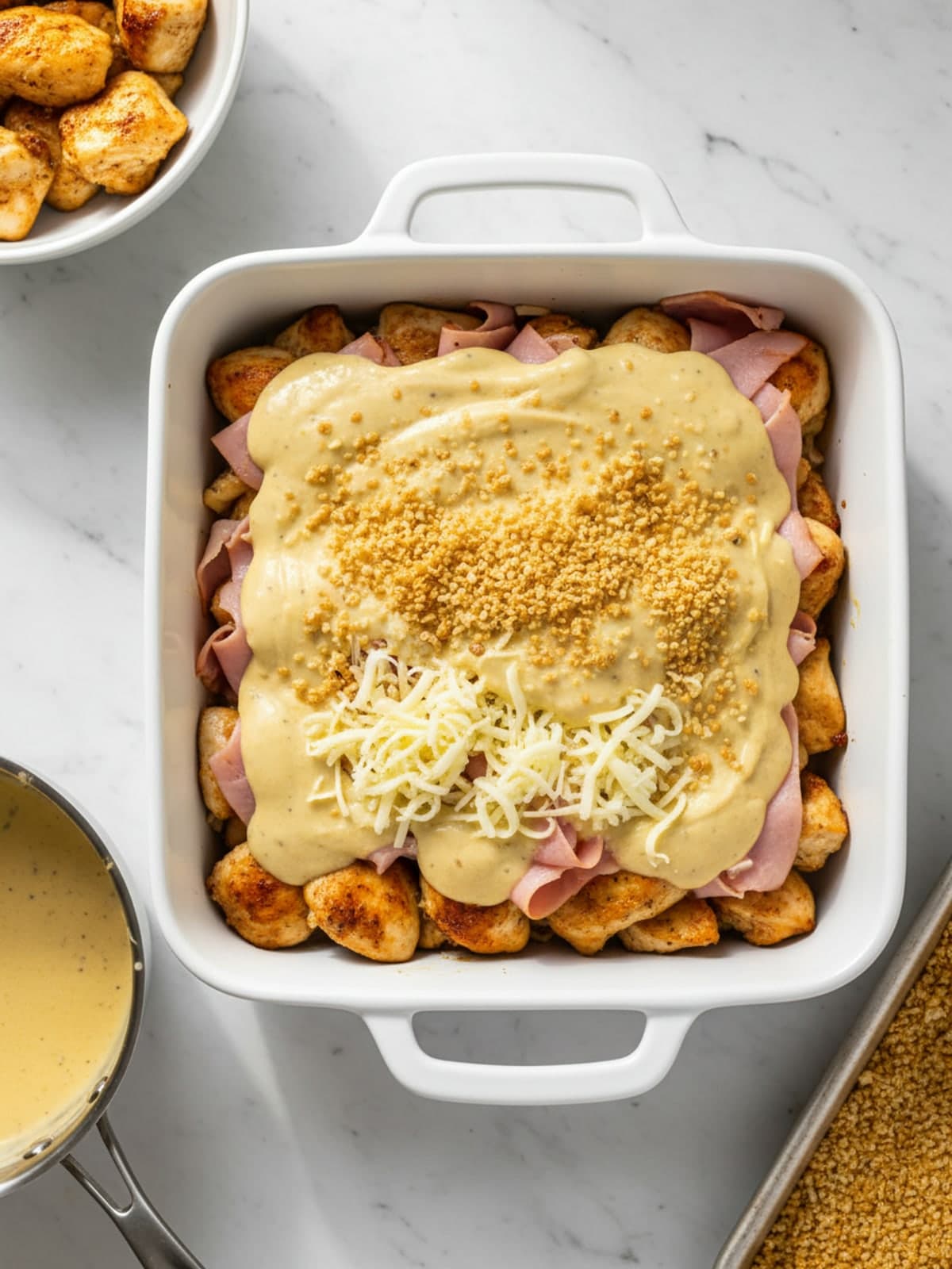 Chicken Cordon Bleu Casserole: Create distinct layers