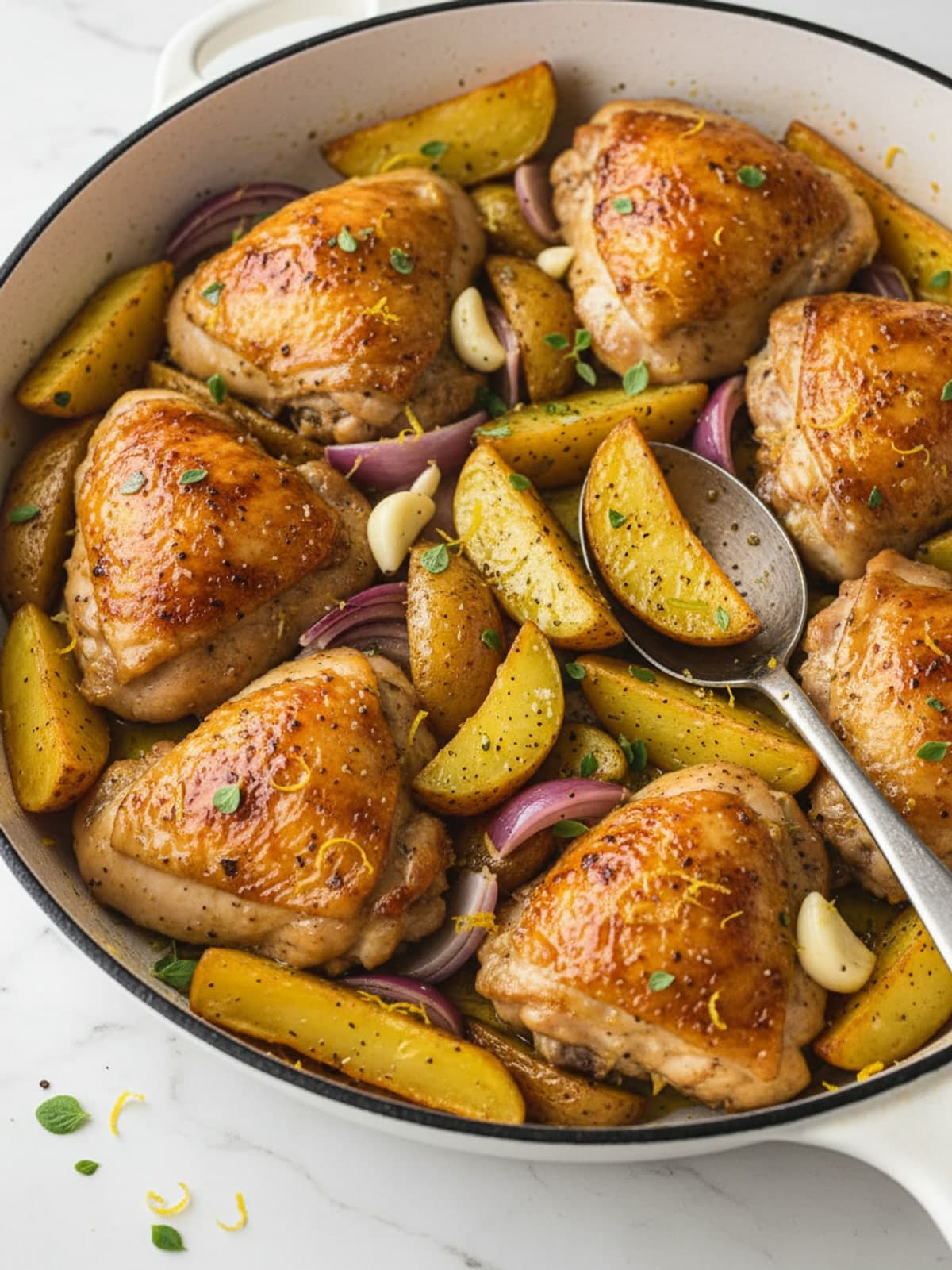 Dairy Free Roast Chicken Thighs with Potatoes: Season the potatoes