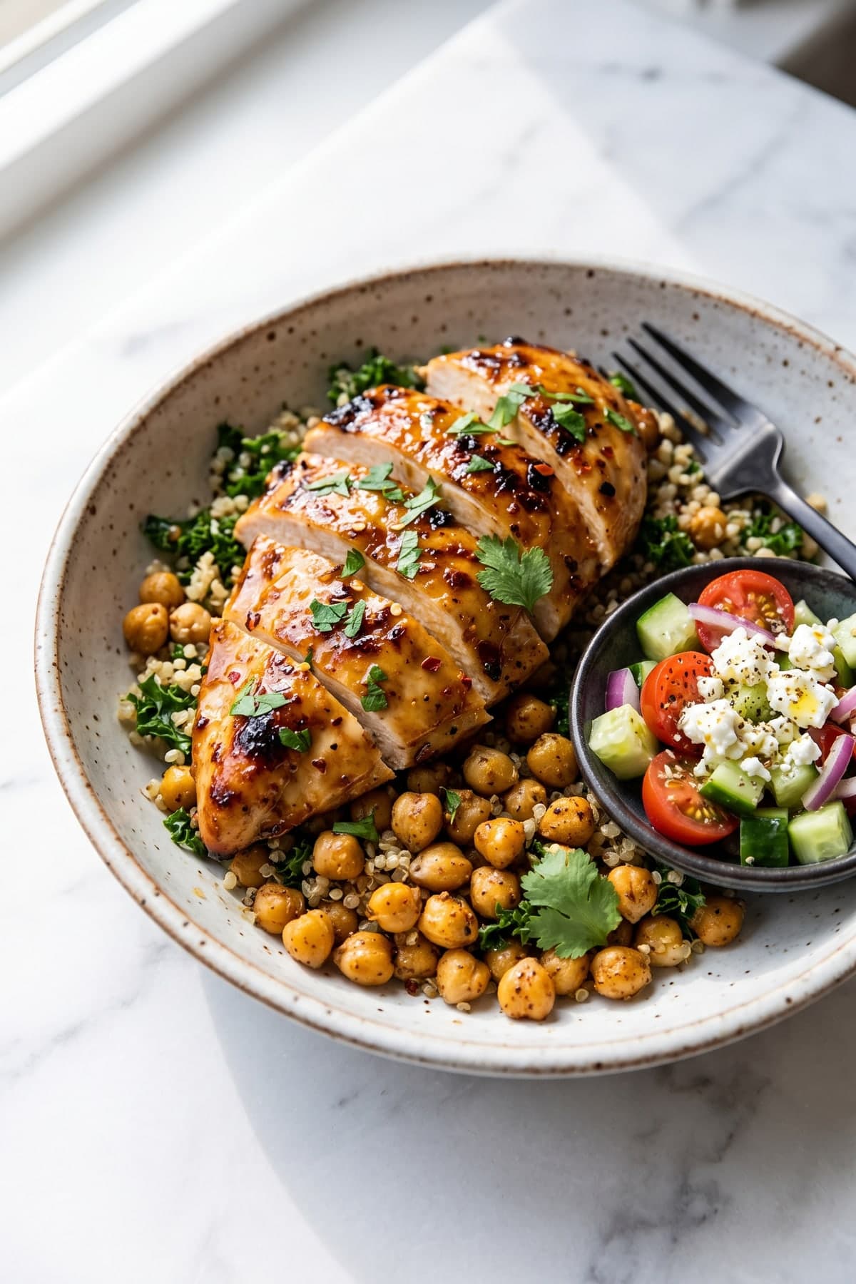 Grilled Chicken and Chickpea Bowls ready to serve