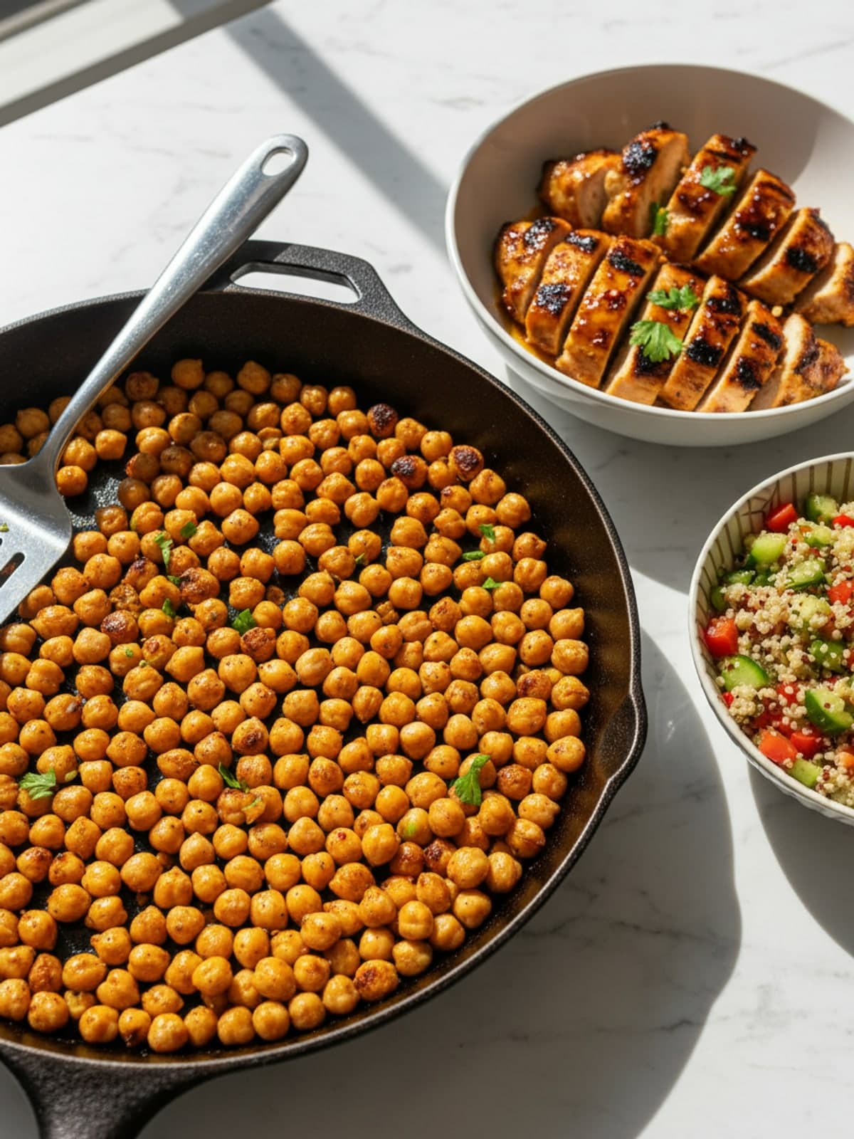 Grilled Chicken and Chickpea Bowls: Warm the chickpeas