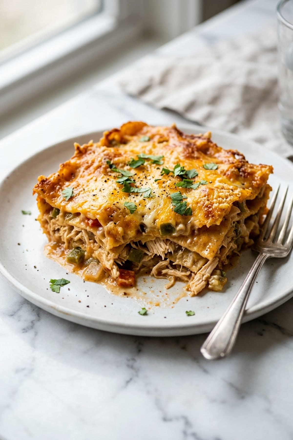 King Ranch Chicken Casserole with Corn Tortillas ready to serve