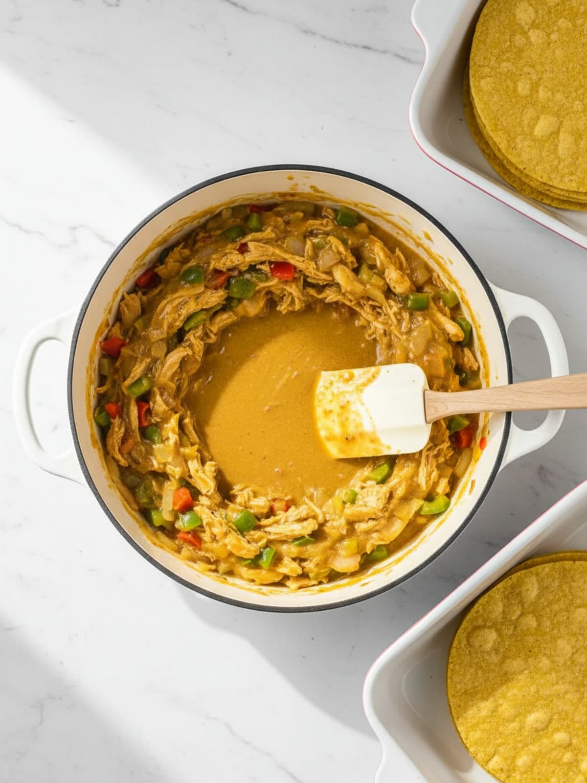 King Ranch Chicken Casserole with Corn Tortillas: Thicken the sauce