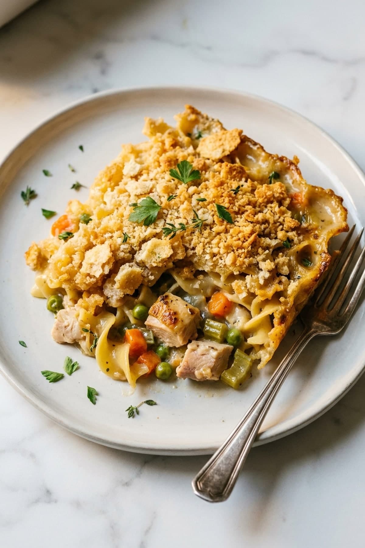 Chicken Noodle Casserole with Cracker Topping ready to serve