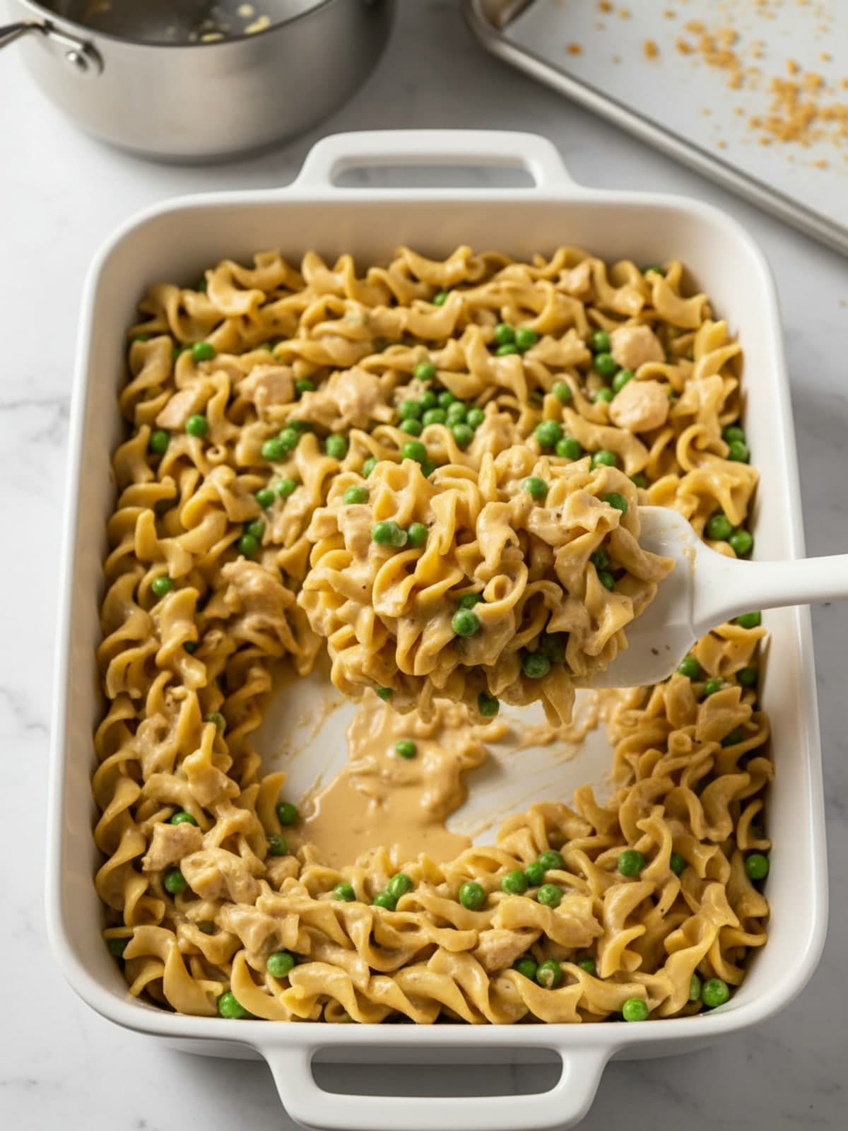 Chicken Noodle Casserole with Cracker Topping: Judge the filling before baking