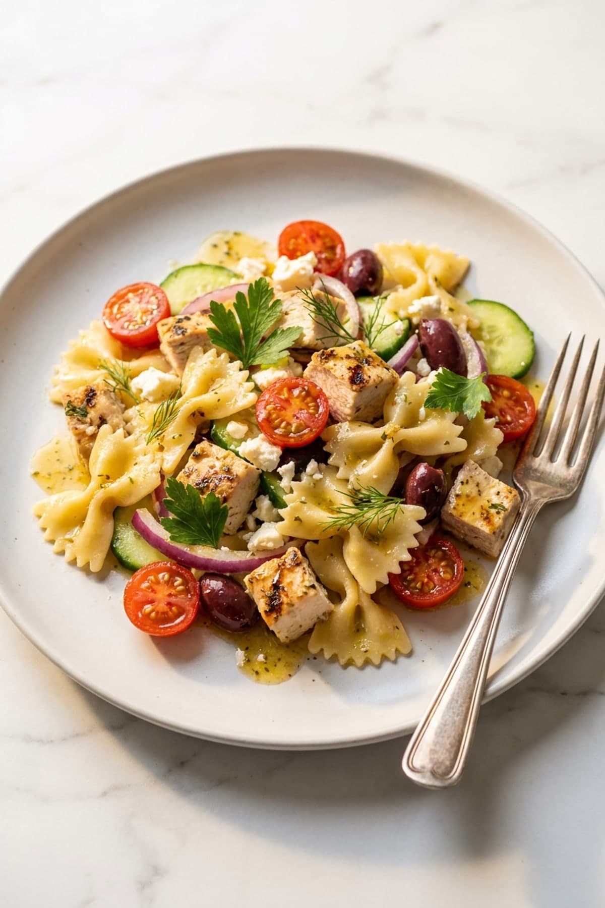 Chicken Pasta Salad with Lemon Herb Dressing ready to serve