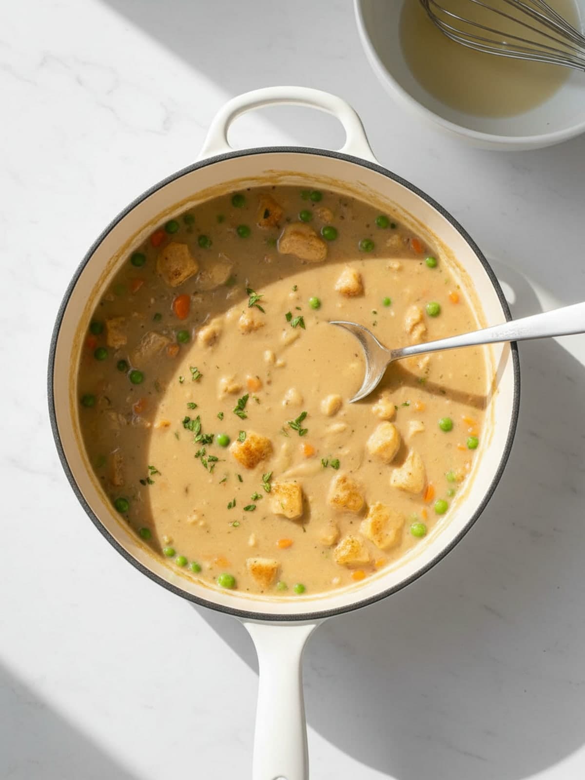 Chicken Pot Pie Casserole: Whisk the sauce